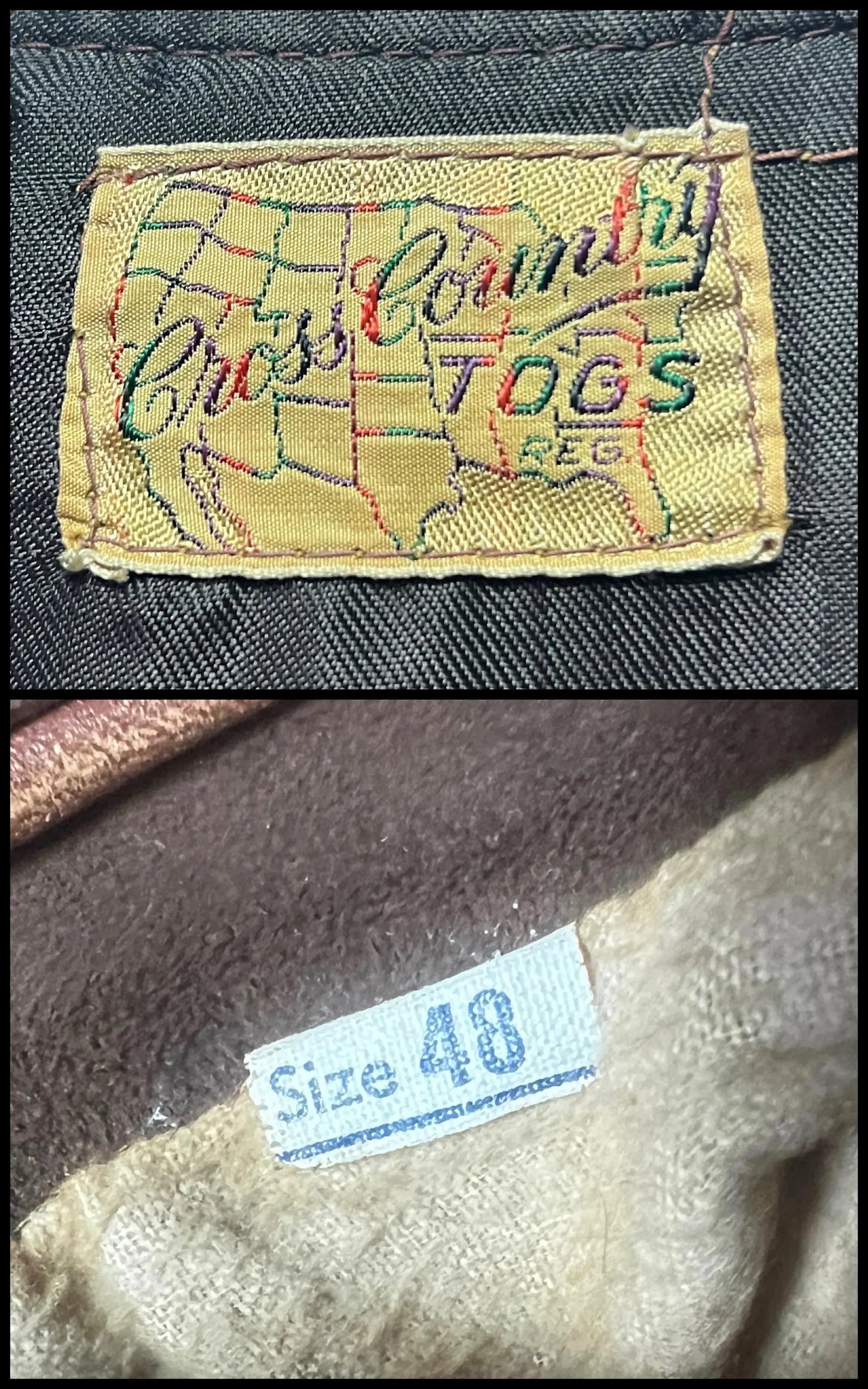 1930/1940s Cross Country Togs 2-Tone Half Belt Back Leather Jacket Embroidered label with 'Cross Country Togs' and a size tag on fabric.