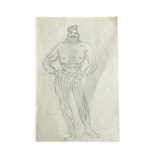 Sketch of a standing figure with a hat on a light background 1930s Double-Sided Artist Pencil Sketches 