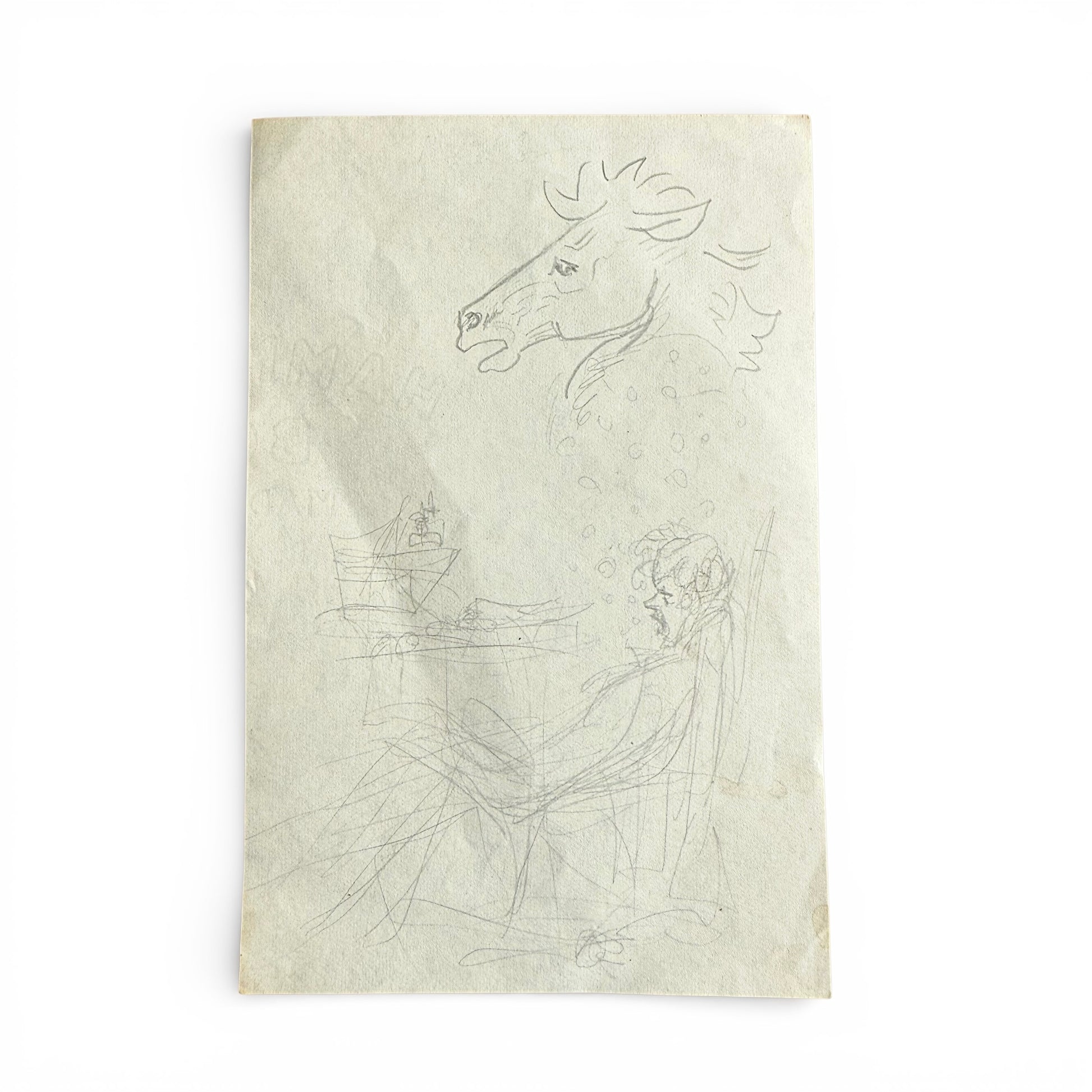 1930s Double-Sided Artist Pencil Sketches Pencil sketch of a horse and a person on textured paper
