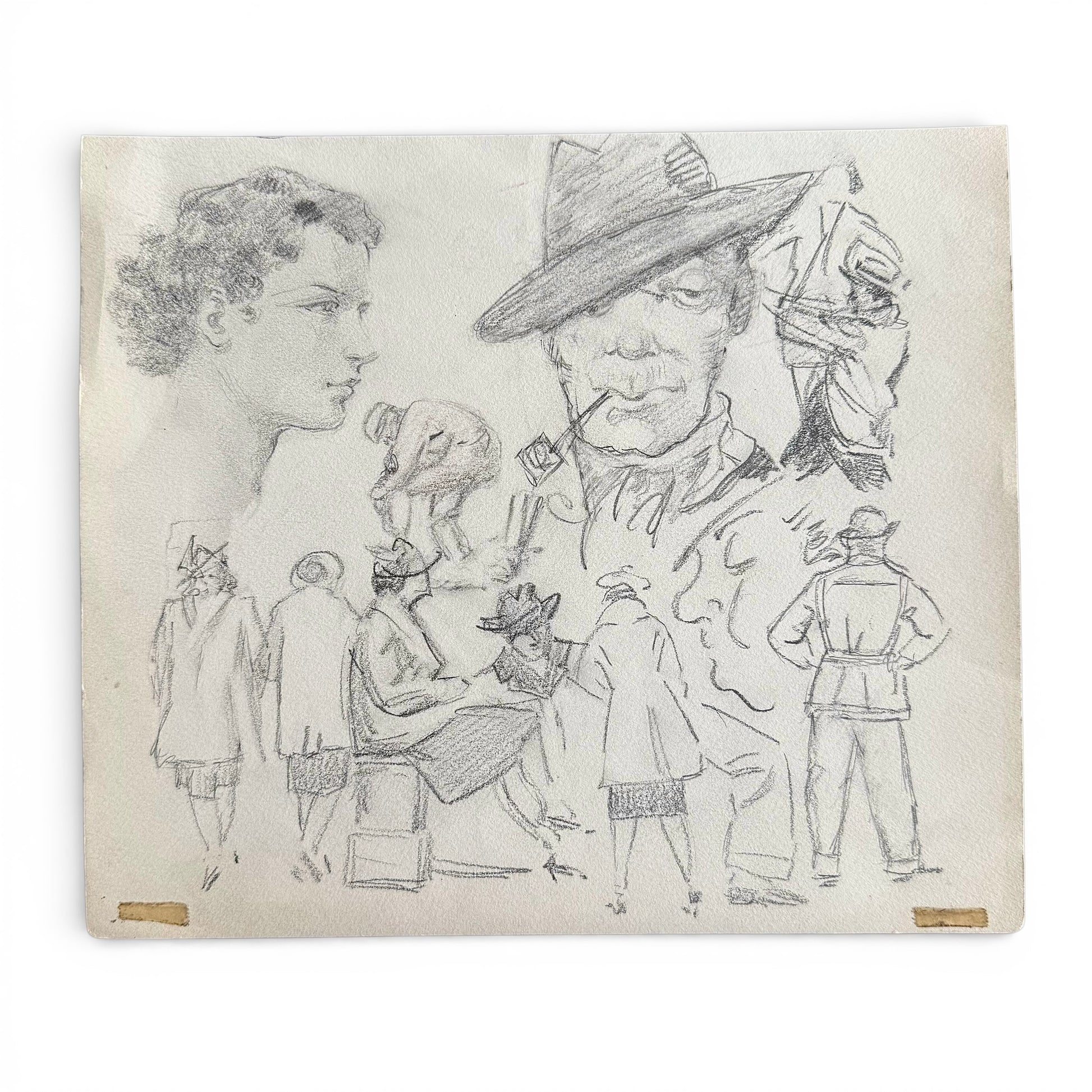1930s Medley Of Figure Studies Pencil drawings of people in various poses on a white background
