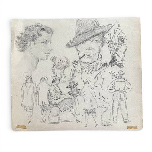 1930s Medley Of Figure Studies Pencil drawings of people in various poses on a white background