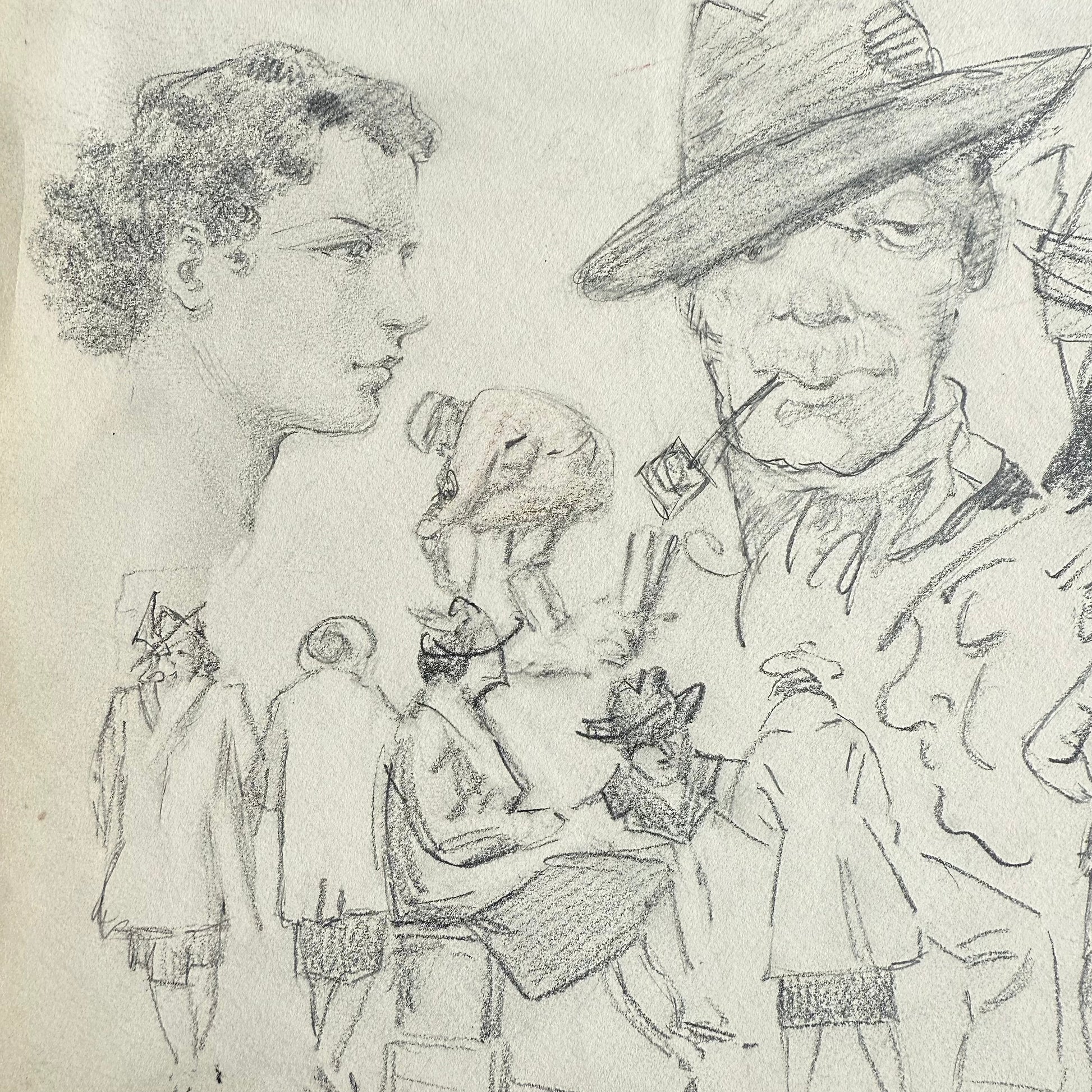 1930s Medley Of Figure Studies Pencil drawing of a group of people in candid street scenes