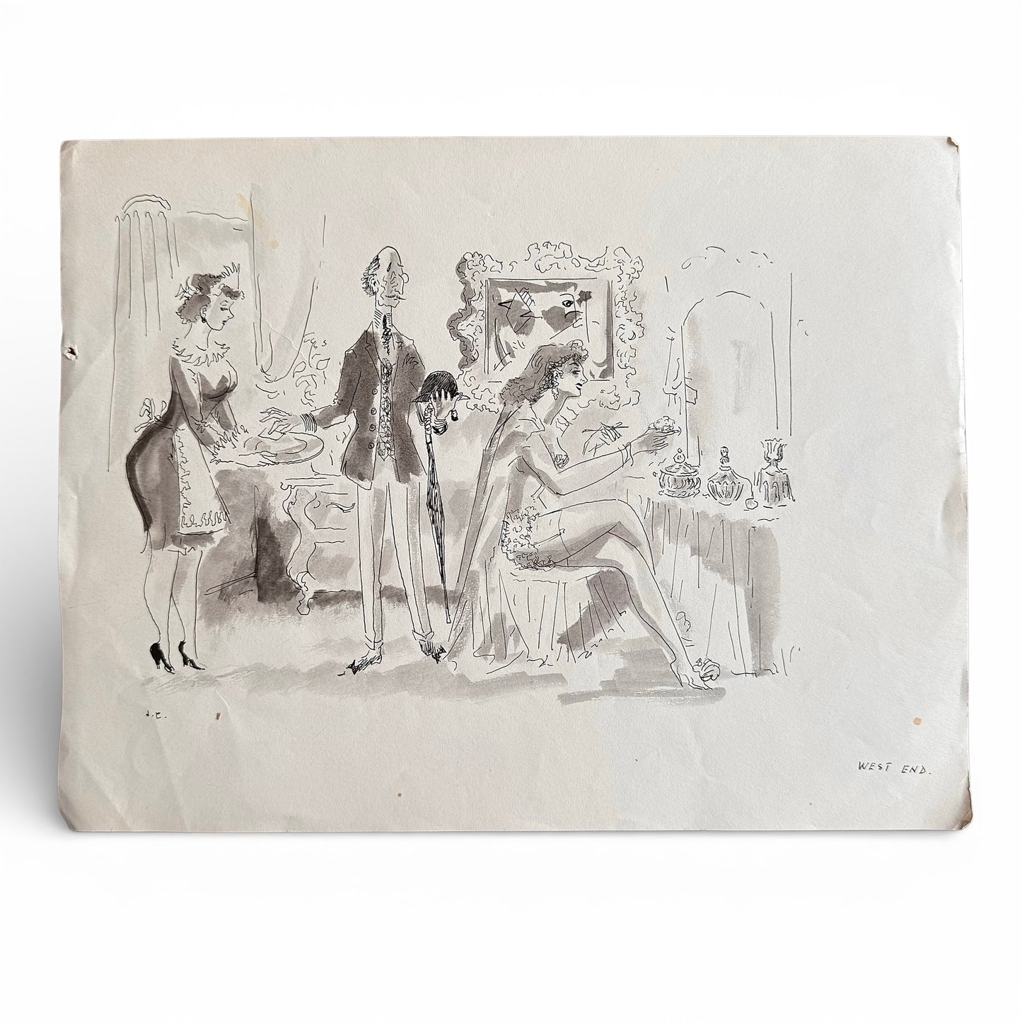 1930s West End Dressing Room Comic Scene Black and white illustration of a scene with people in a dressing room on a textured white background