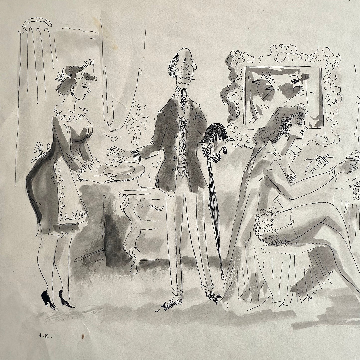 1930s West End Dressing Room Comic Scene Vintage illustration of three people in a room with decorative elements.