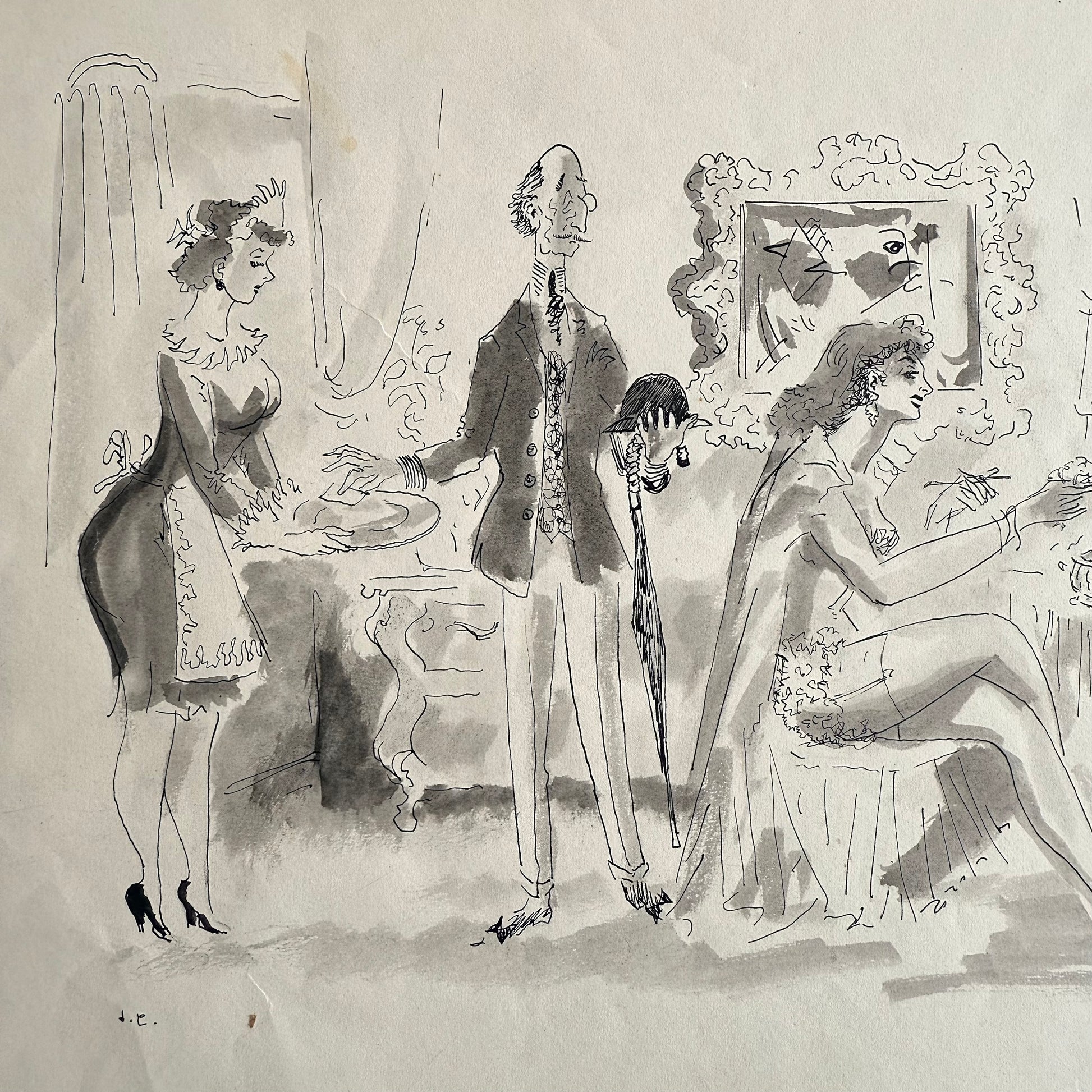1930s West End Dressing Room Comic Scene Vintage illustration of three people in a room with decorative elements.