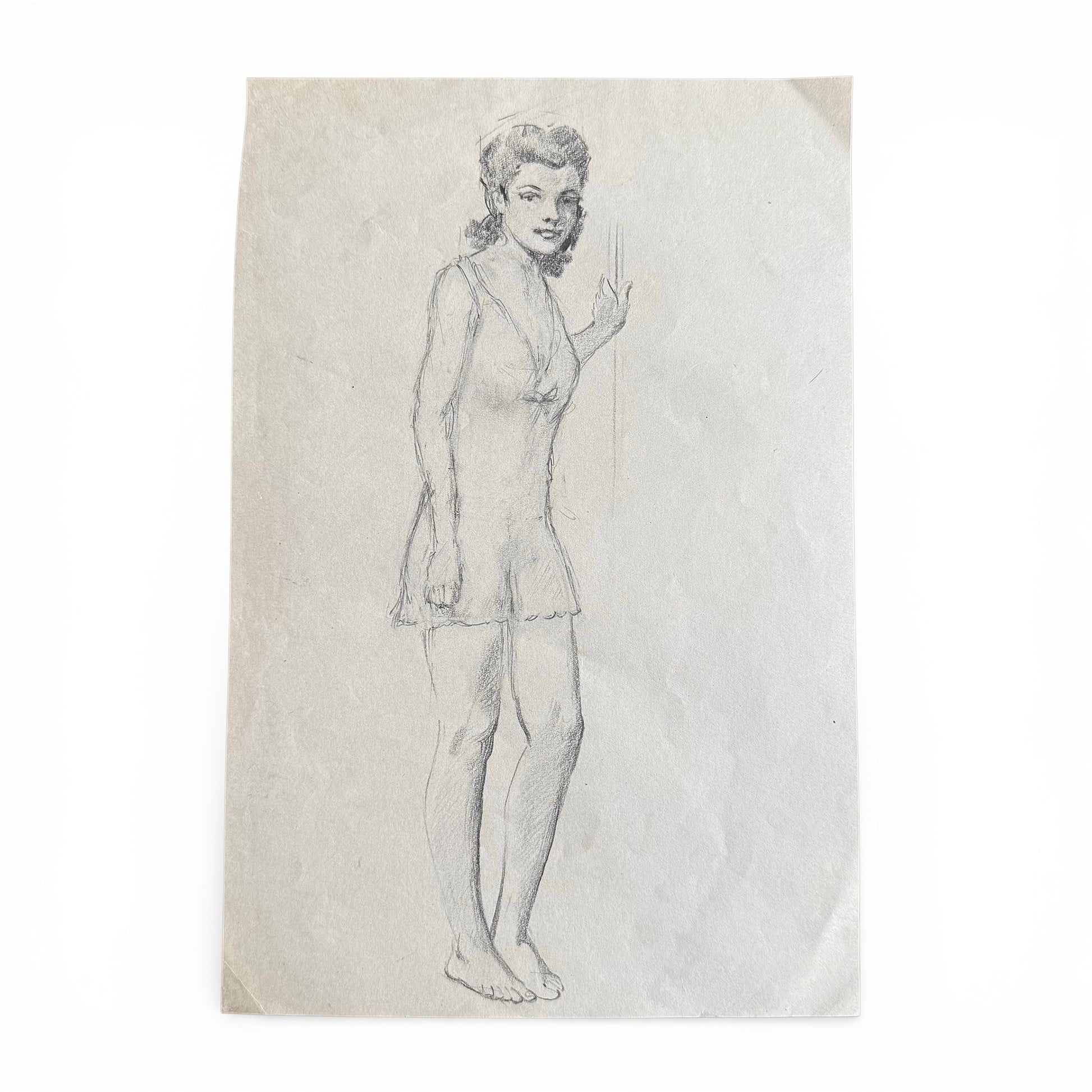 1940s Portrait Of Lady In Nightgown Pencil drawing of a woman in a nightgown on textured paper