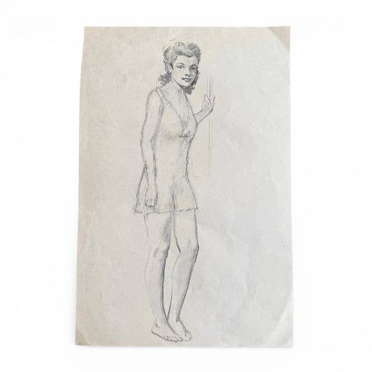 1940s Portrait Of Lady In Nightgown Pencil drawing of a woman in a nightgown on textured paper