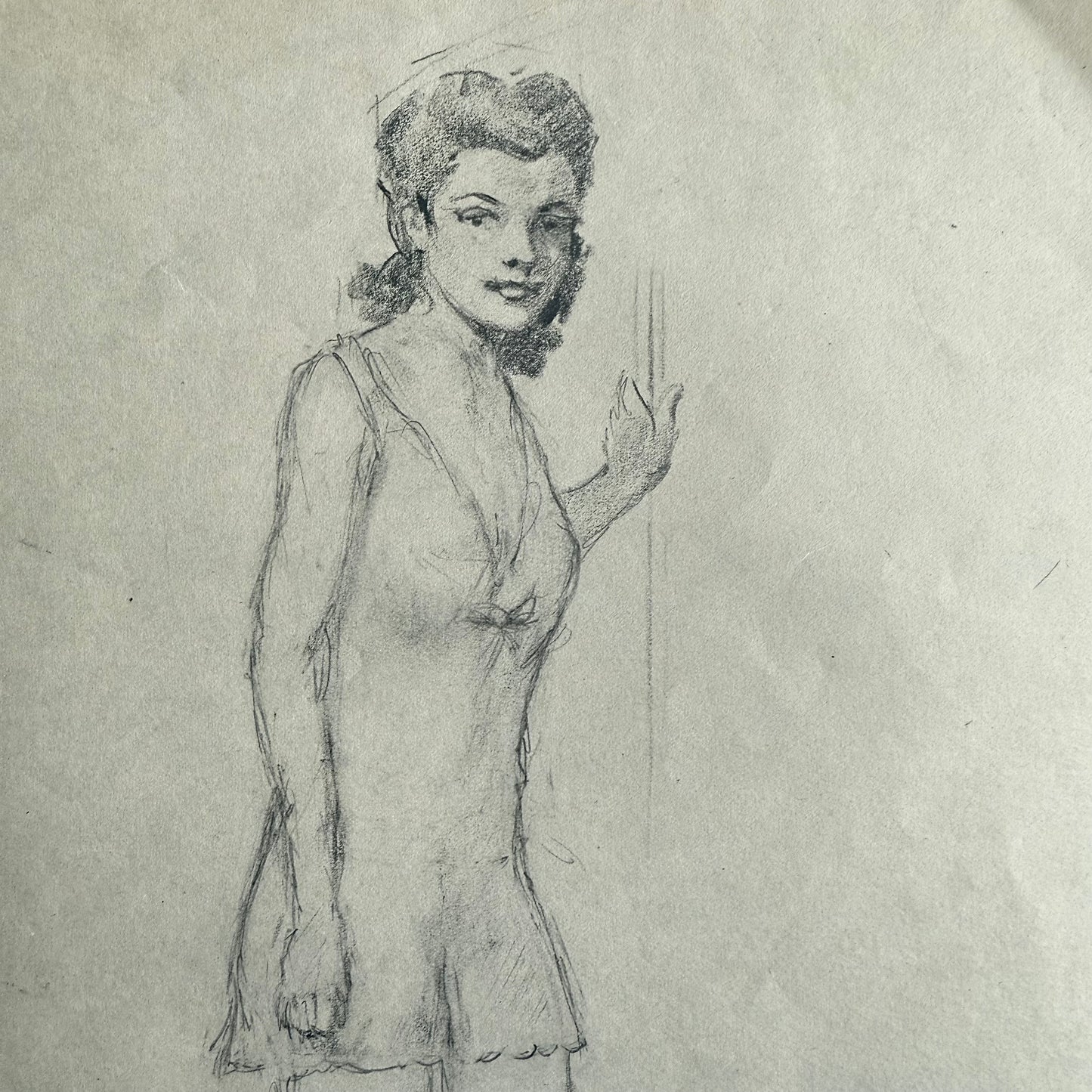 1940s Portrait Of Lady In Nightgown Pencil drawing of a woman in a nightgown against a plain background