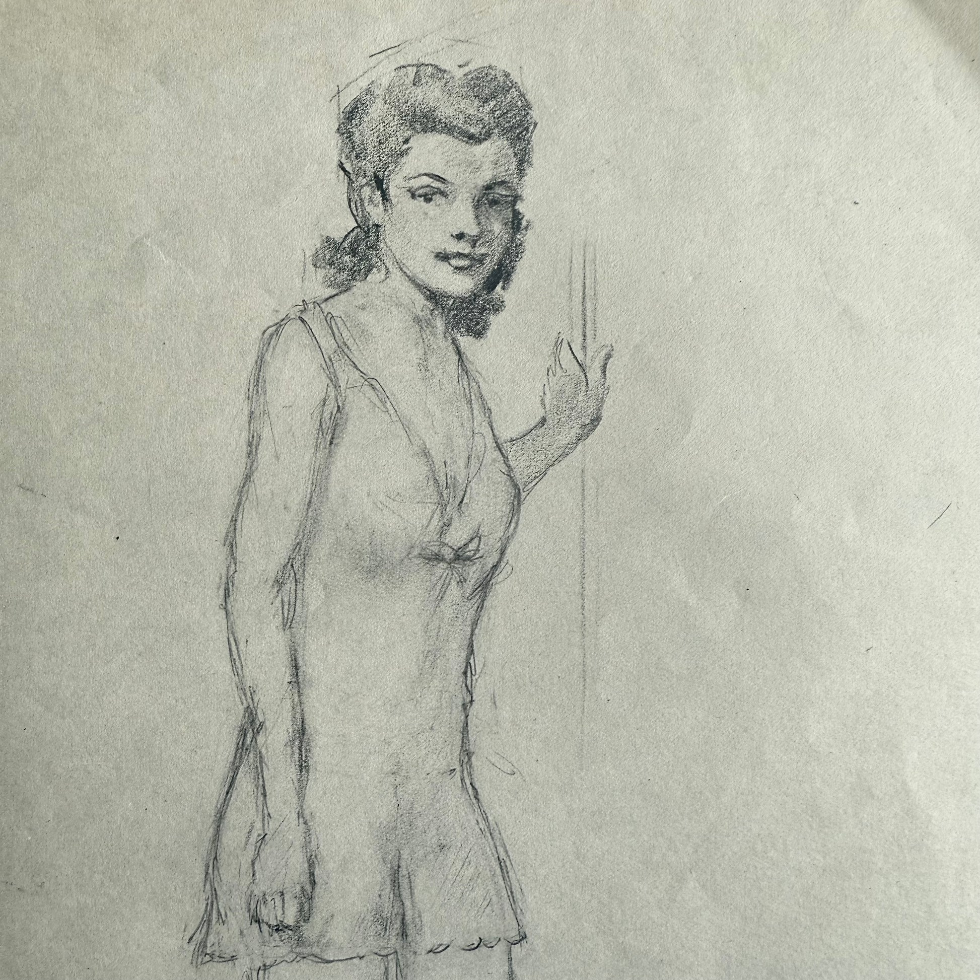 1940s Portrait Of Lady In Nightgown Pencil drawing of a woman in a nightgown against a plain background