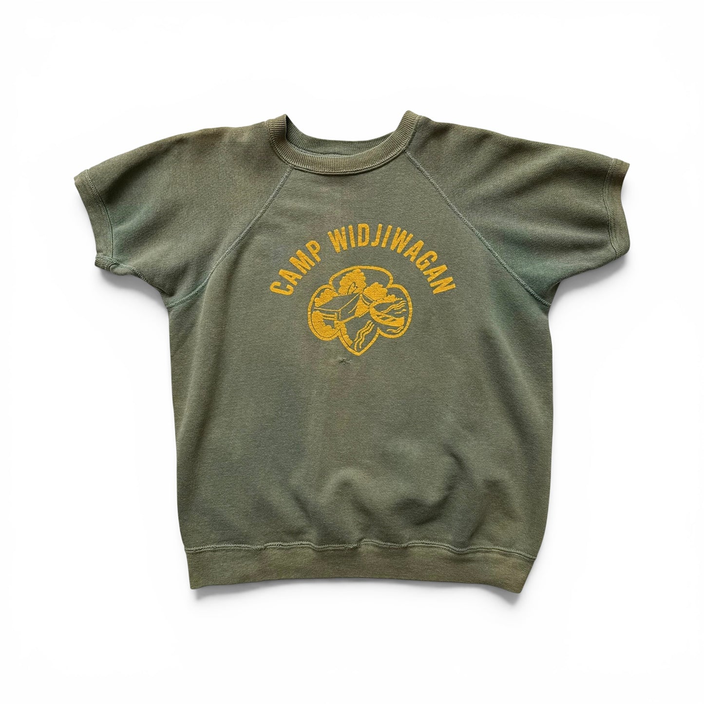 1950/1960s Camp Widjwagan (YMCA) Short Sleeve Sweatshirt Green sweatshirt with 'Camp Widjiwagan' logo on a white background