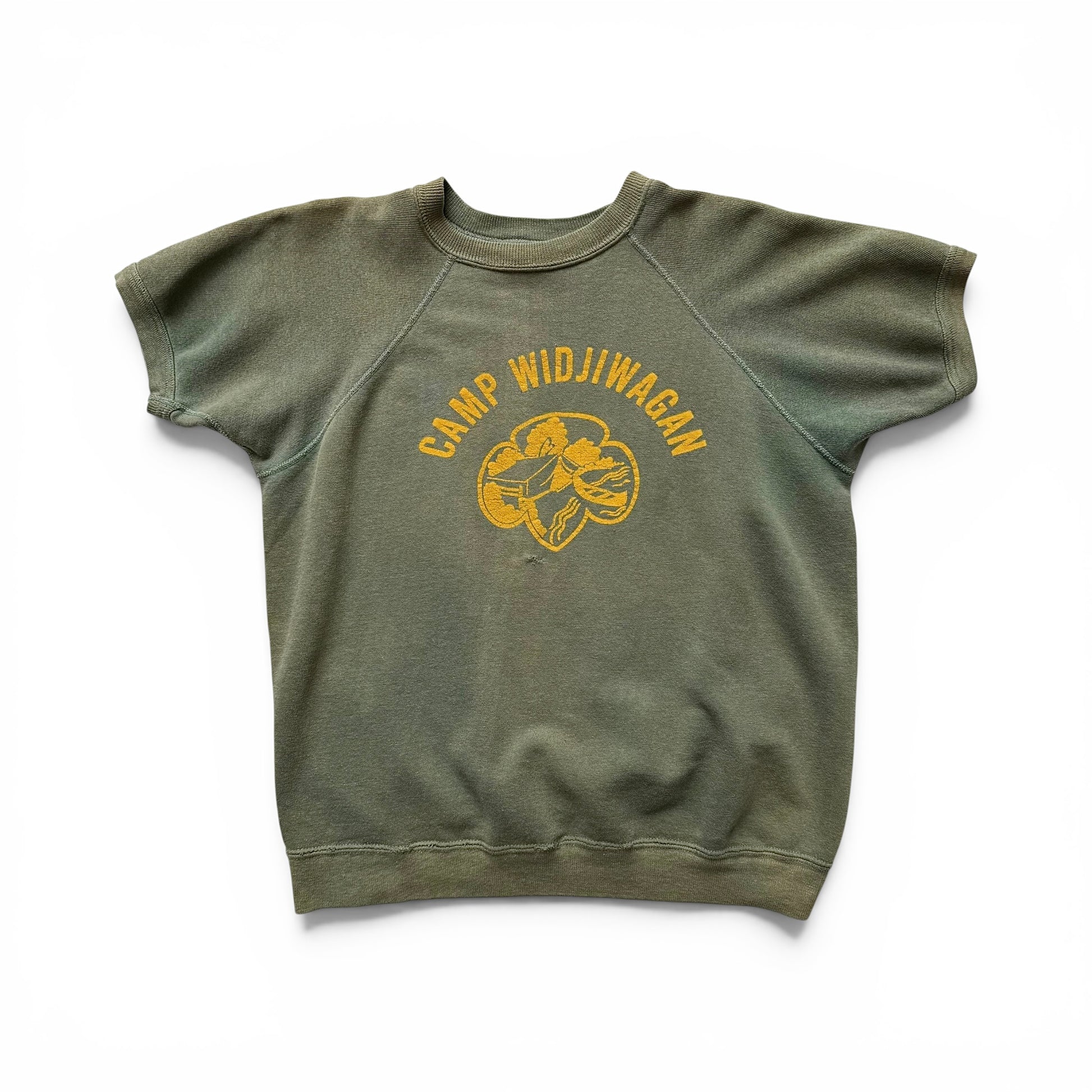1950/1960s Camp Widjwagan (YMCA) Short Sleeve Sweatshirt Green sweatshirt with 'Camp Widjiwagan' logo on a white background