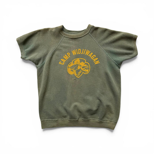 1950/1960s Camp Widjwagan (YMCA) Short Sleeve Sweatshirt Green sweatshirt with 'Camp Widjiwagan' logo on a white background