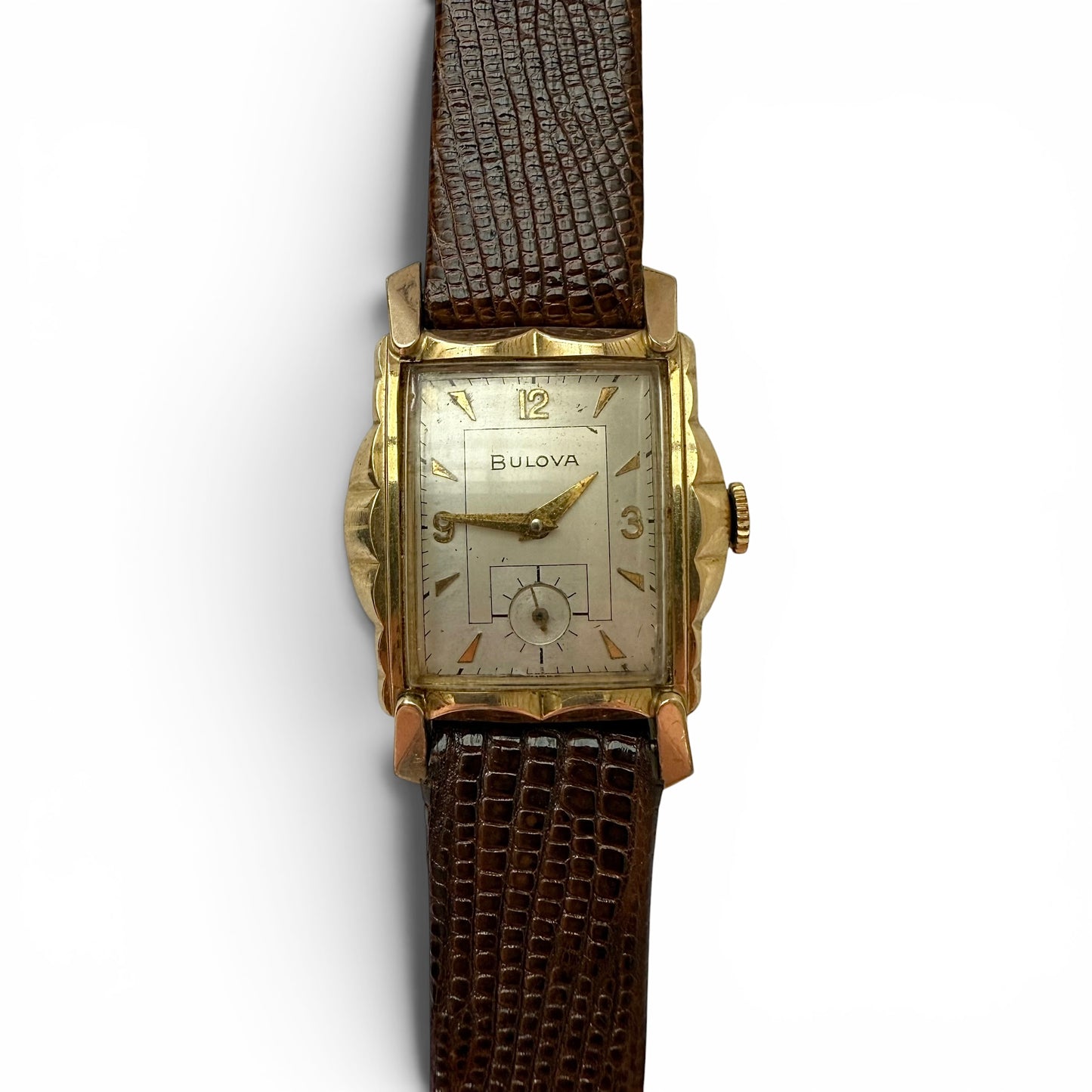 1950's "Senator" Bulova Manual Wind Watch Vintage Bulova watch with brown strap on a white background