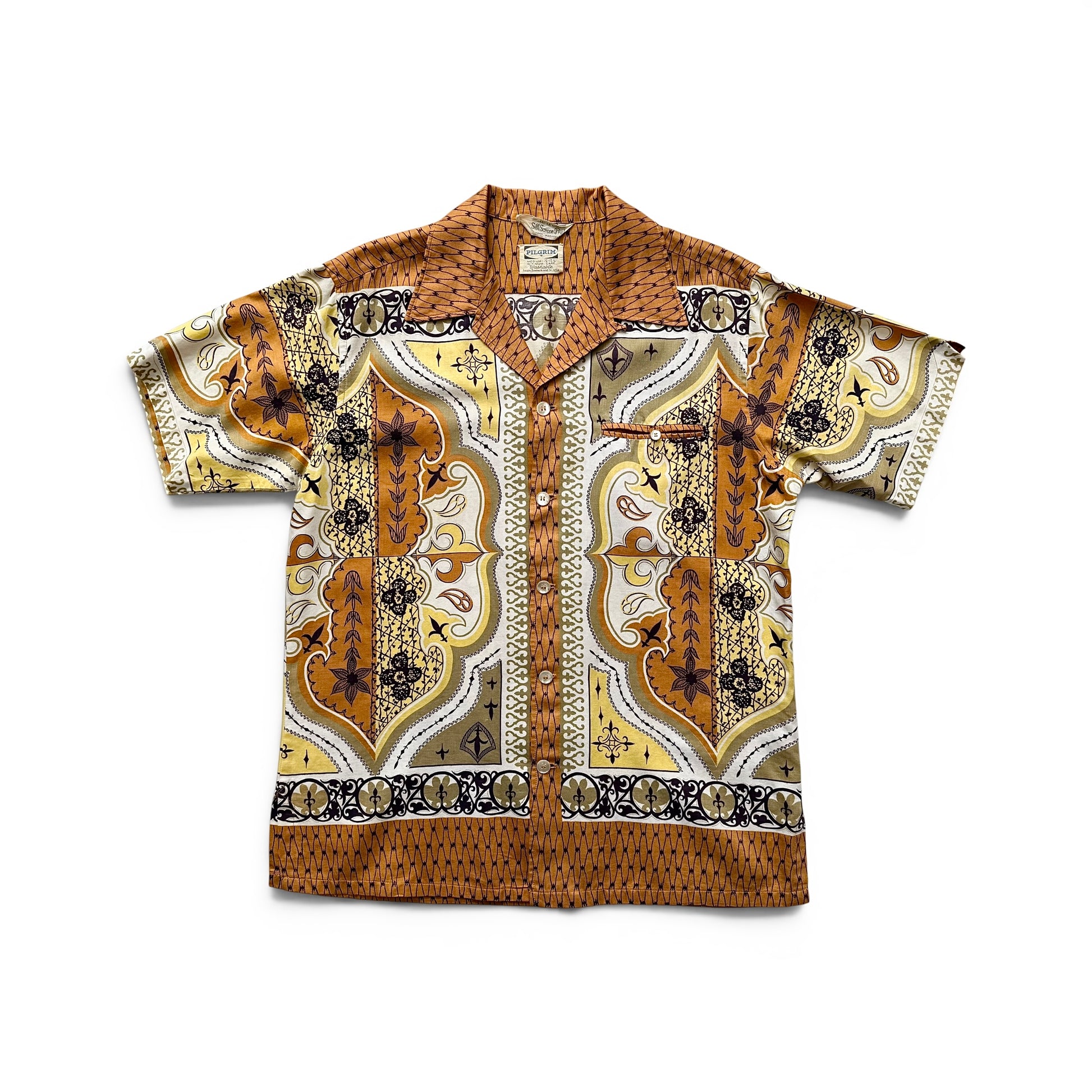 1950s Pilgrim (Sears) Rayon Border Print Sport Shirt Patterned shirt on a white background
