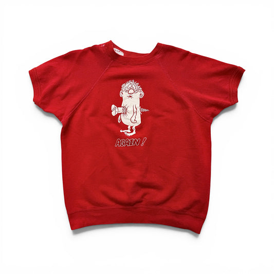 1960/1970s "Screwed Again" Short Sleeve Sweatshirt Red sweatshirt with a white graphic and text on a white background