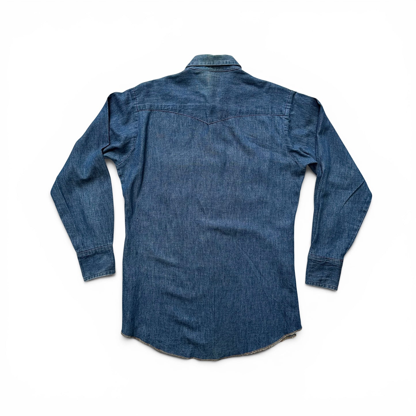 1960s Dee Cee Denim Sawtooth Western Shirt Blue denim shirt on a white background