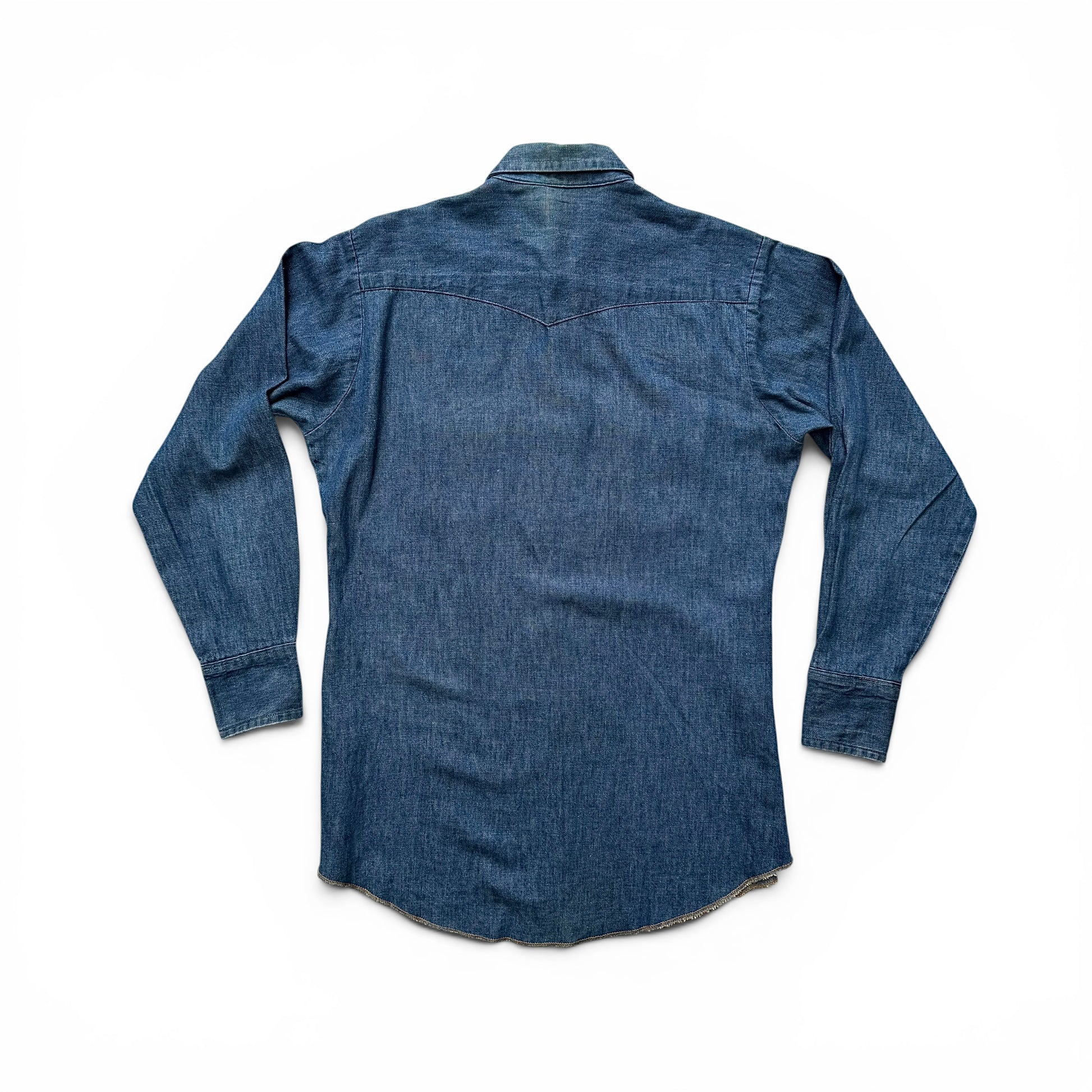 1960s Dee Cee Denim Sawtooth Western Shirt Blue denim shirt on a white background