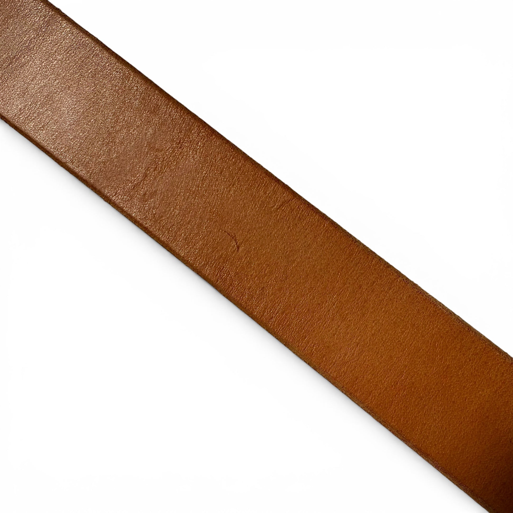 1960s Hammered Brass Abstract Buckle Leather Belt Brown leather strap on a white background