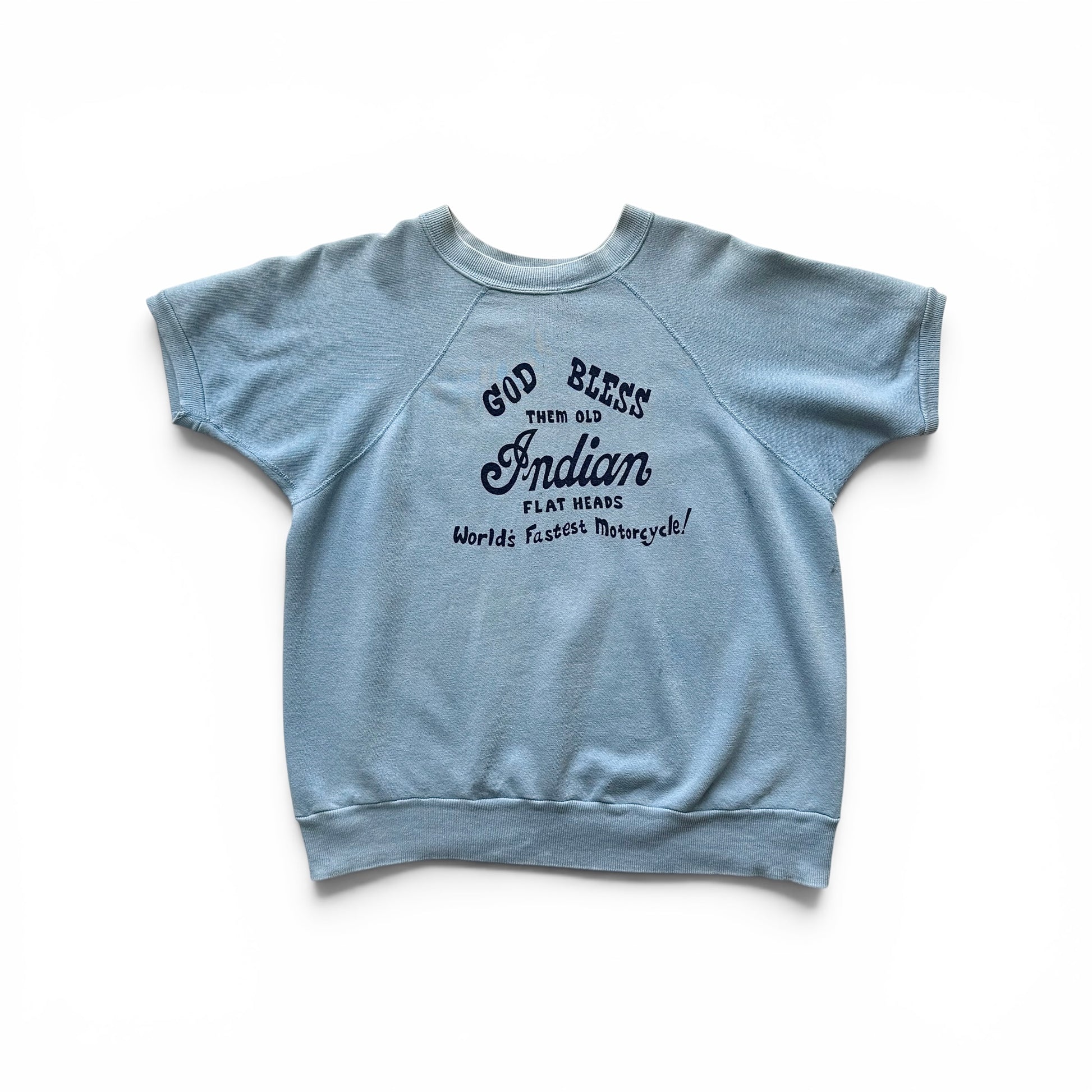 1960s Indian Motorcycles Short Sleeve Sweatshirt Blue sweatshirt with text on a white background