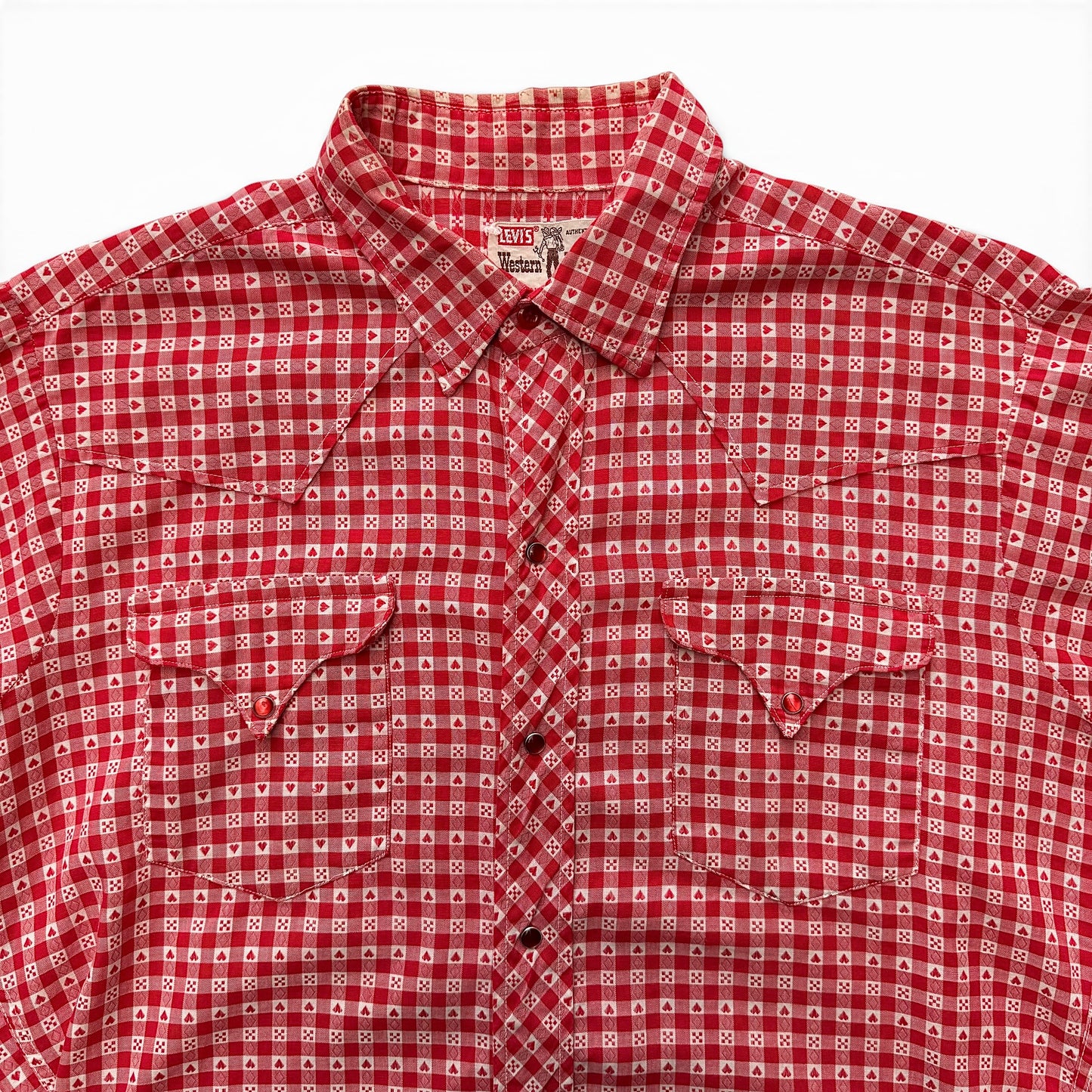 1960s Levi's Saddleman Western Shirt Red and white checkered shirt with a pattern on a white background