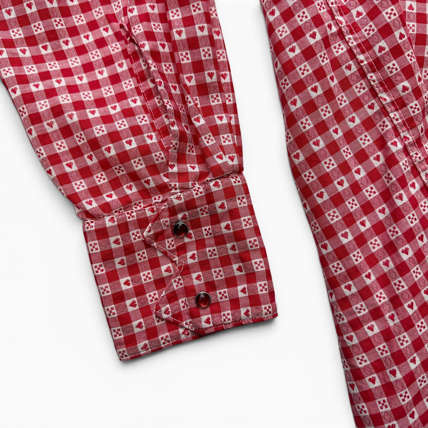 1960s Levi's Saddleman Western Shirt Red and white checkered shirt with patterned cuffs on a white background