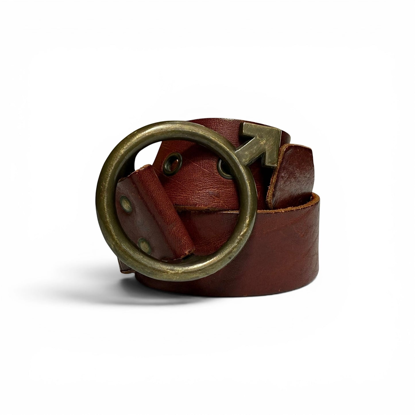 1960s Male Symbol Brass Buckle Leather Belt Brown leather belt with a large brass buckle on a white background