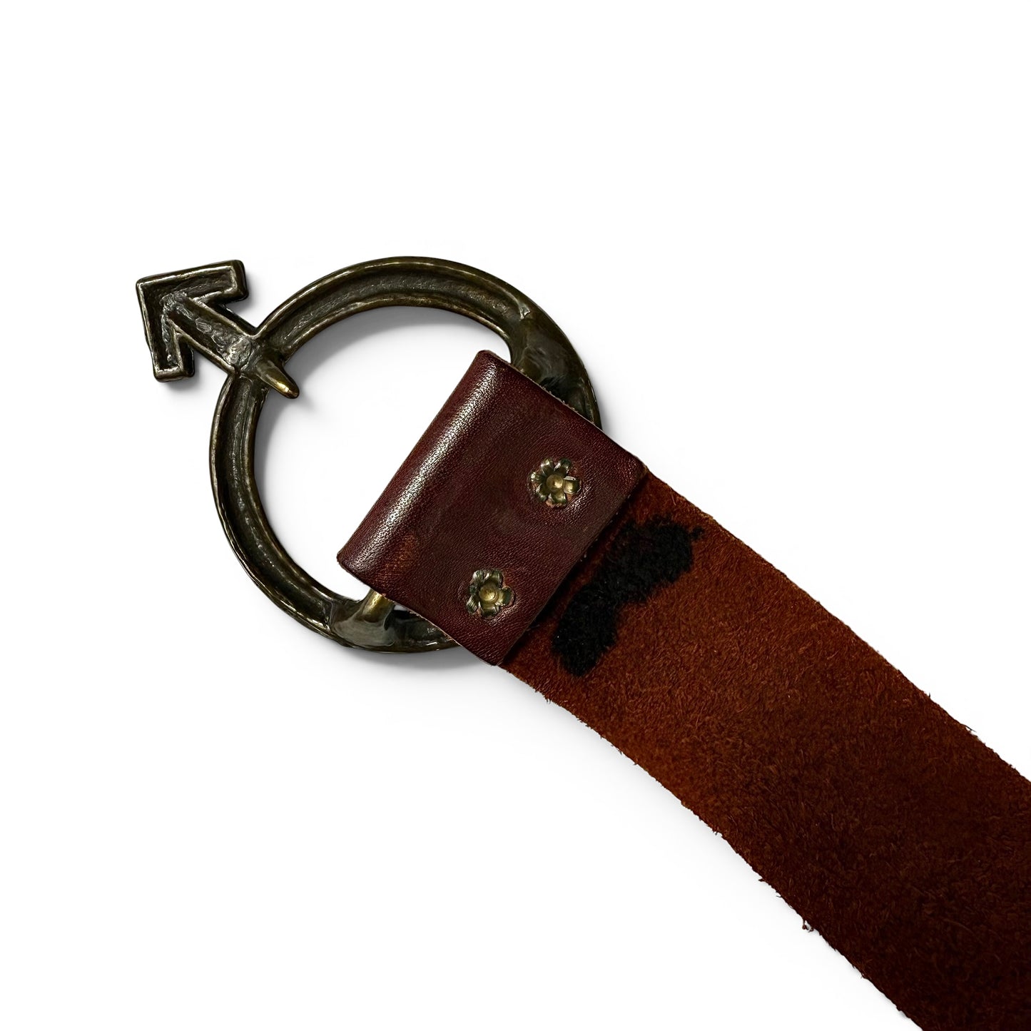 1960s Male Symbol Brass Buckle Leather Belt Brown belt with a unique buckle on a white background