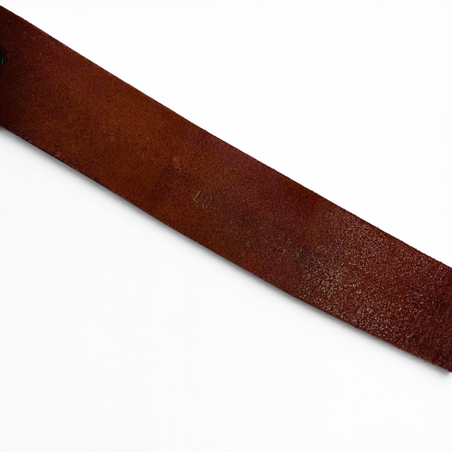 1960s Male Symbol Brass Buckle Leather Belt Brown leather belt on a white background