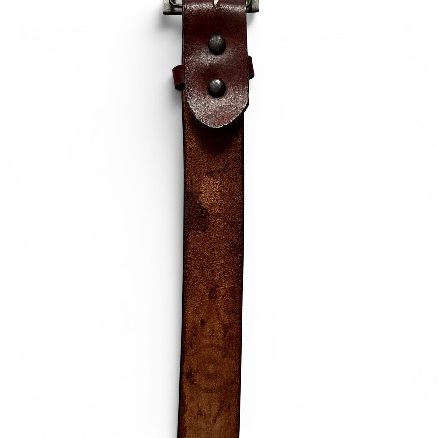 1970s Brass Eagle Buckle On Tooled Leather Brown leather belt with a buckle on a white background