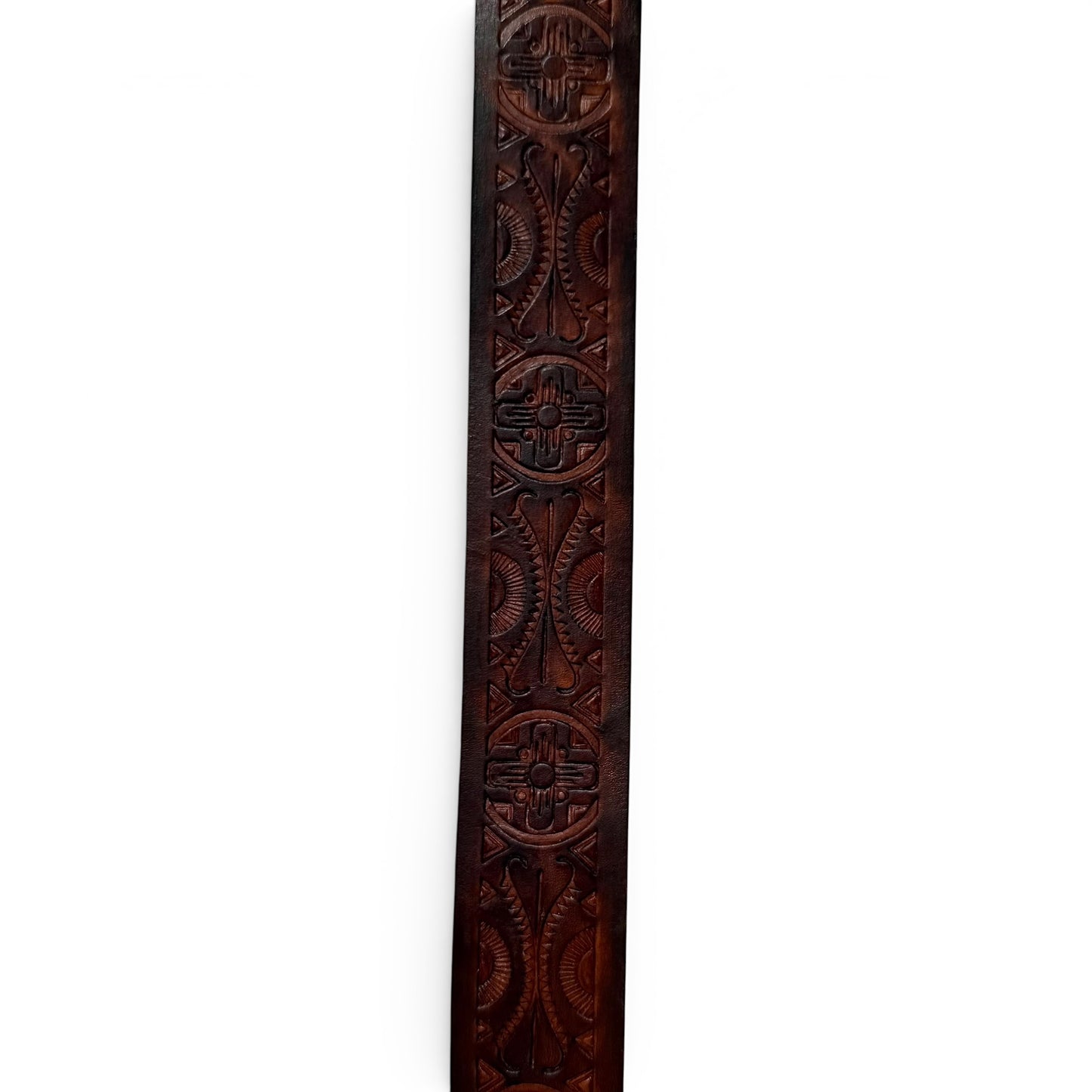 1970s Brass Eagle Buckle On Tooled Leather Decorative wooden panel with intricate carvings on a white background