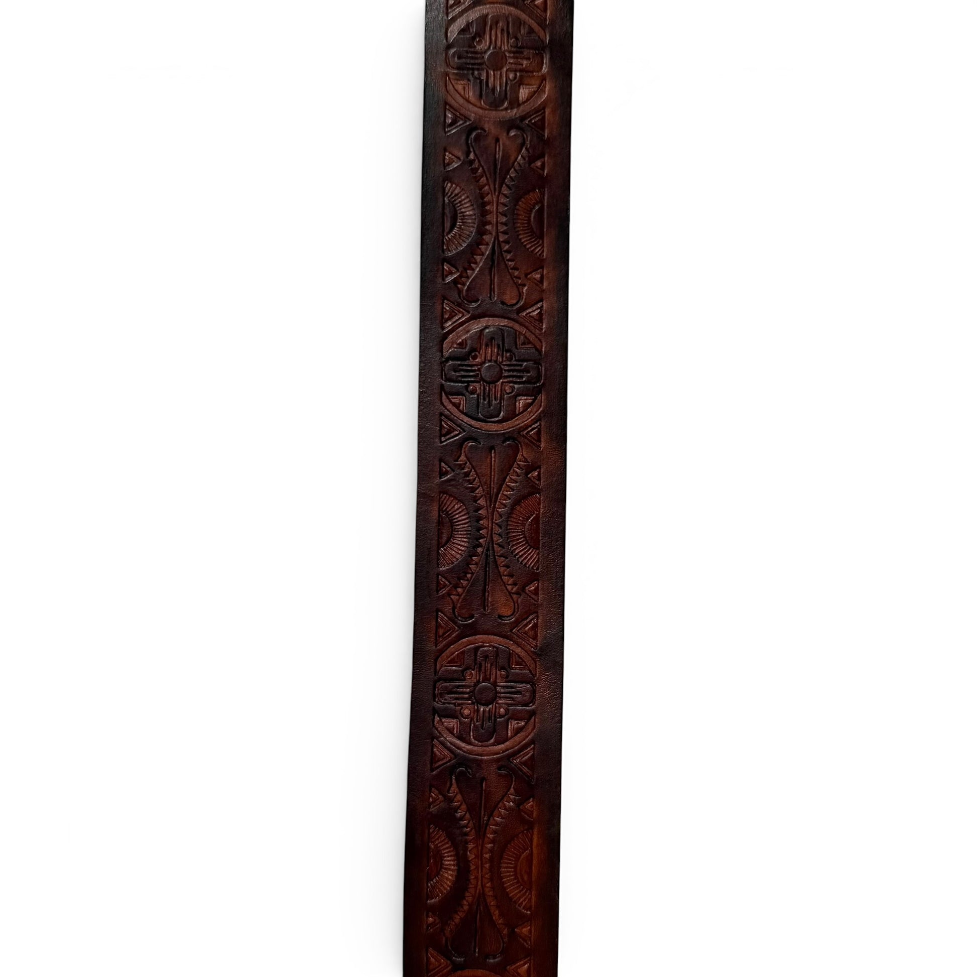 1970s Brass Eagle Buckle On Tooled Leather Decorative wooden panel with intricate carvings on a white background