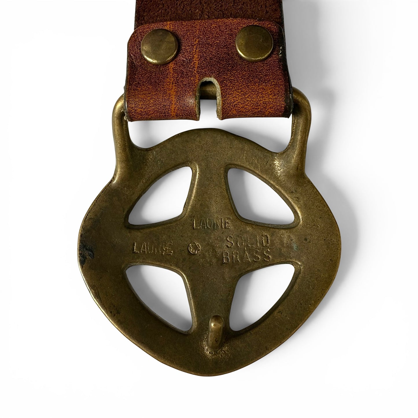 1970s David Laurie Brass Buckle Leather Belt Brass belt buckle with 'Laurie' engraving on a white background