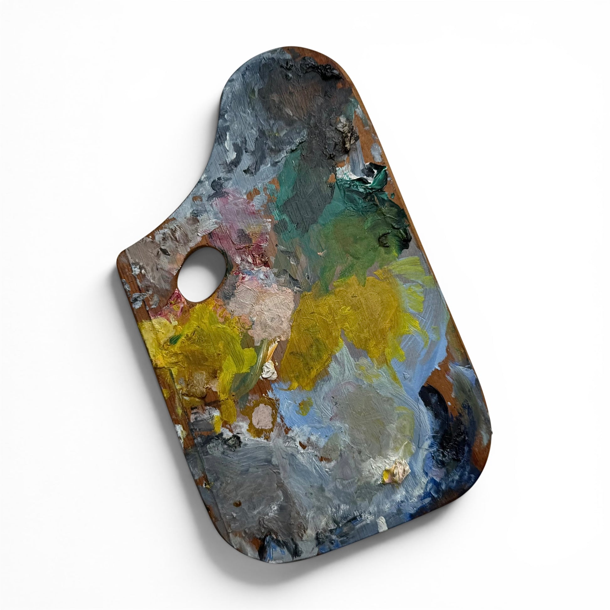 19th Century Double-Sided French Painters Palette Painted wooden palette with colorful paint strokes on a white background