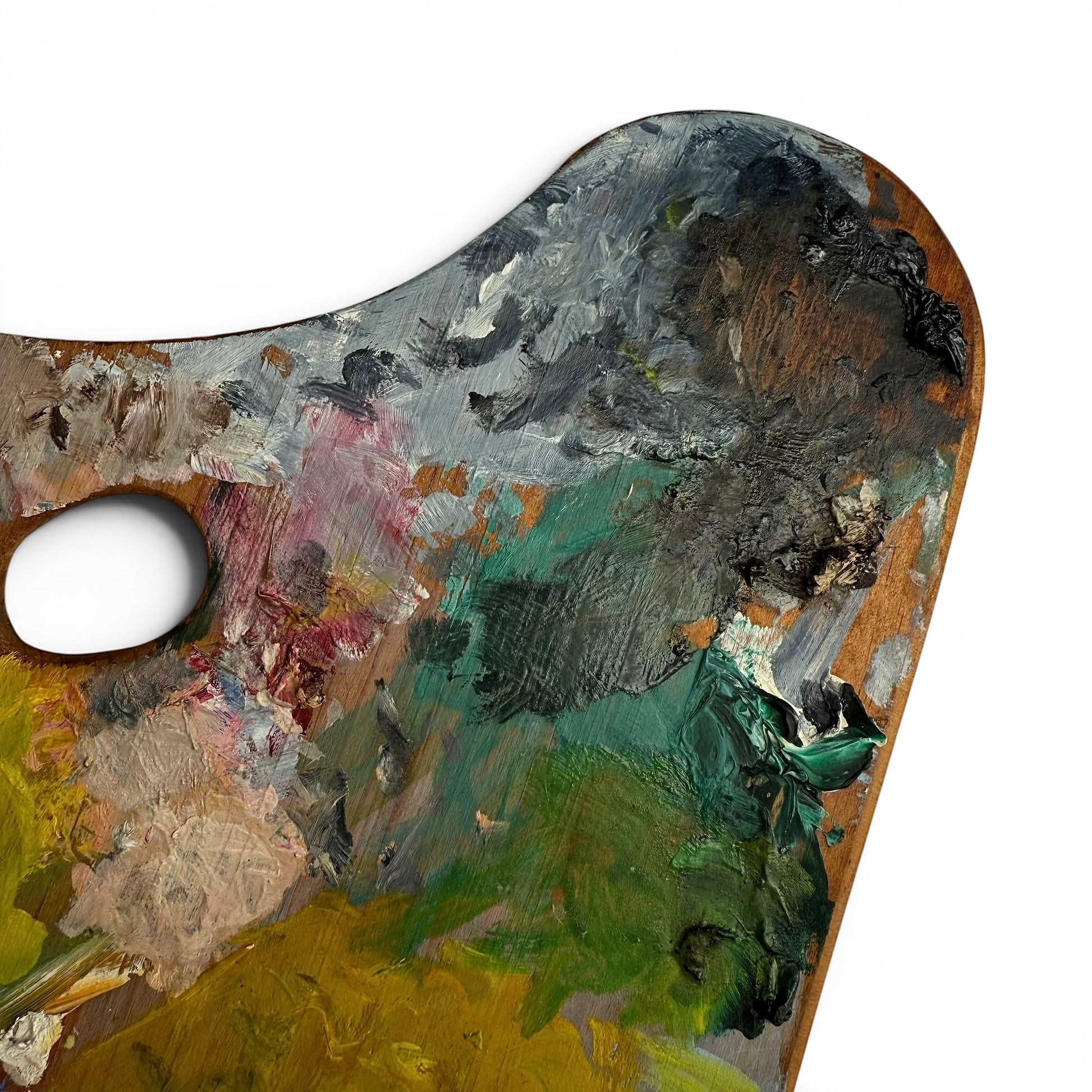 19th Century Double-Sided French Painters Palette Artistic paint palette with various colors of paint on a white background
