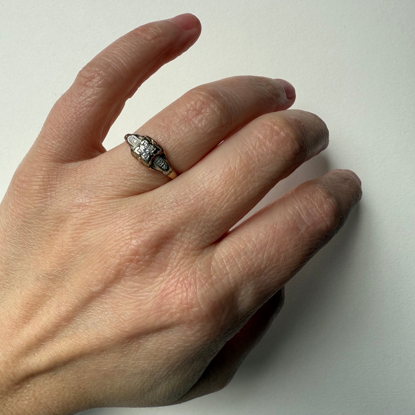 Art Deco Two Tone 14k Gold Diamond Ring Size 6.5