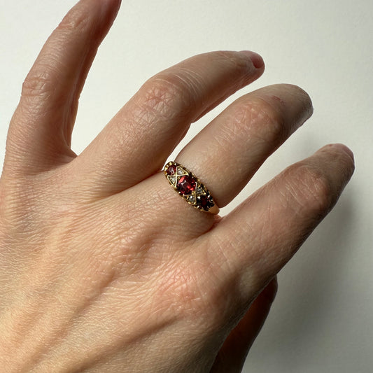 Antique Victorian 18k Rose Gold Garnet and Diamond Ring Size 7