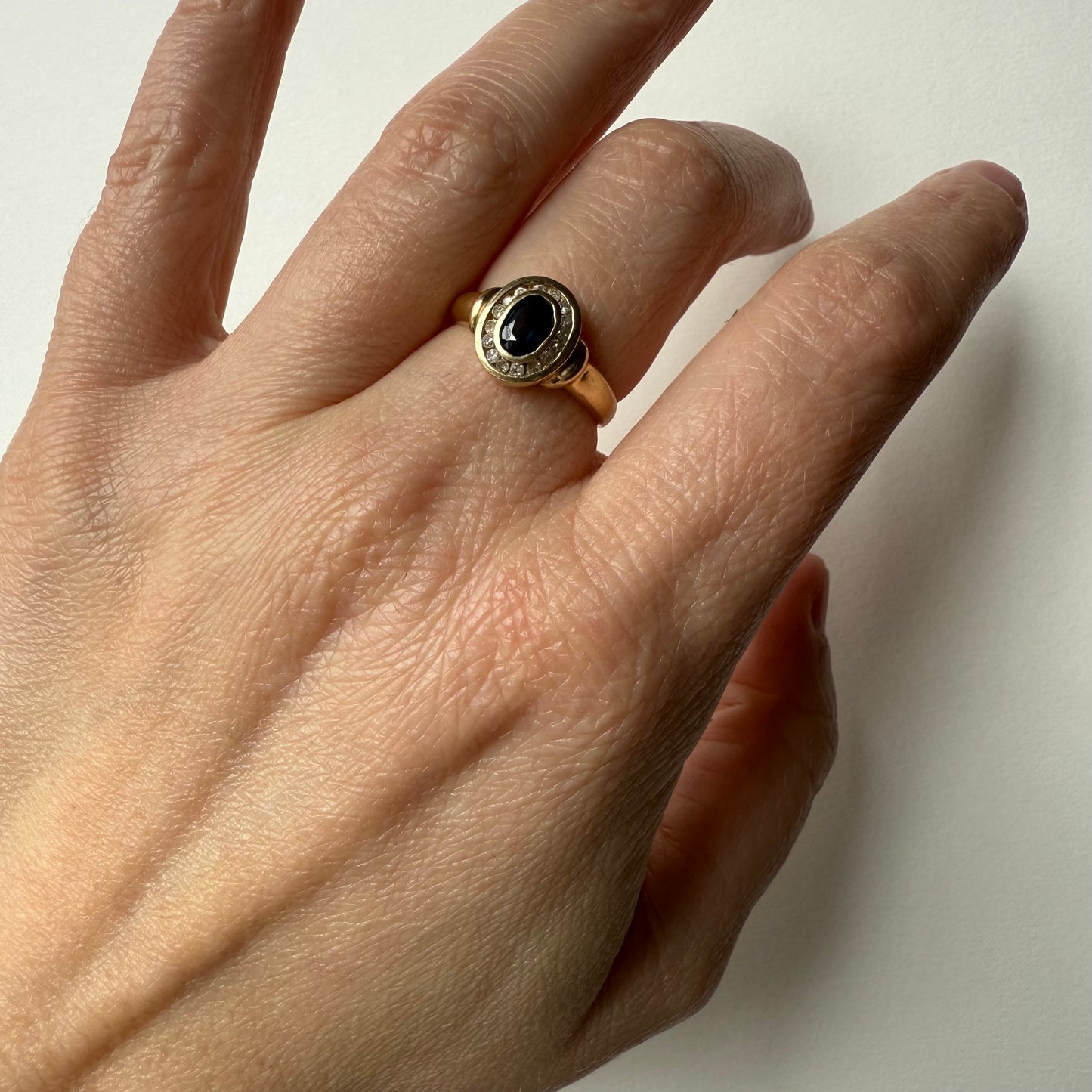 14k Yellow Gold Sapphire and Diamond Halo Ring Size 7