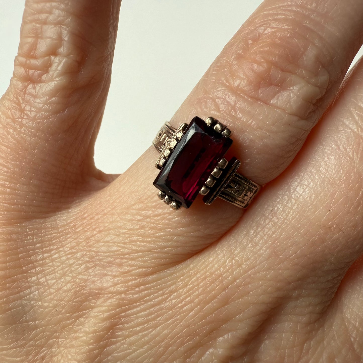 Edwardian Engraved 10k Gold Band and Garnet Ring Size 6