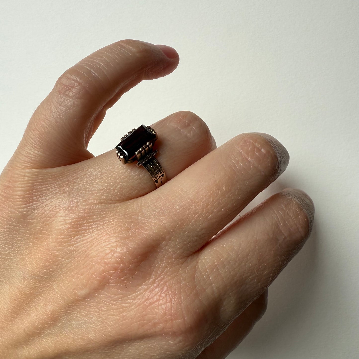 Edwardian Engraved 10k Gold Band and Garnet Ring Size 6