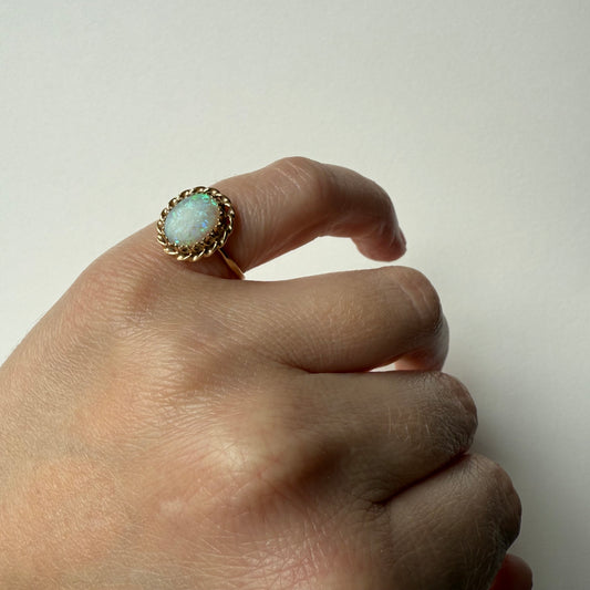 14K Twisted Rope Yellow Gold and Opal Halo Ring Size 4.25
