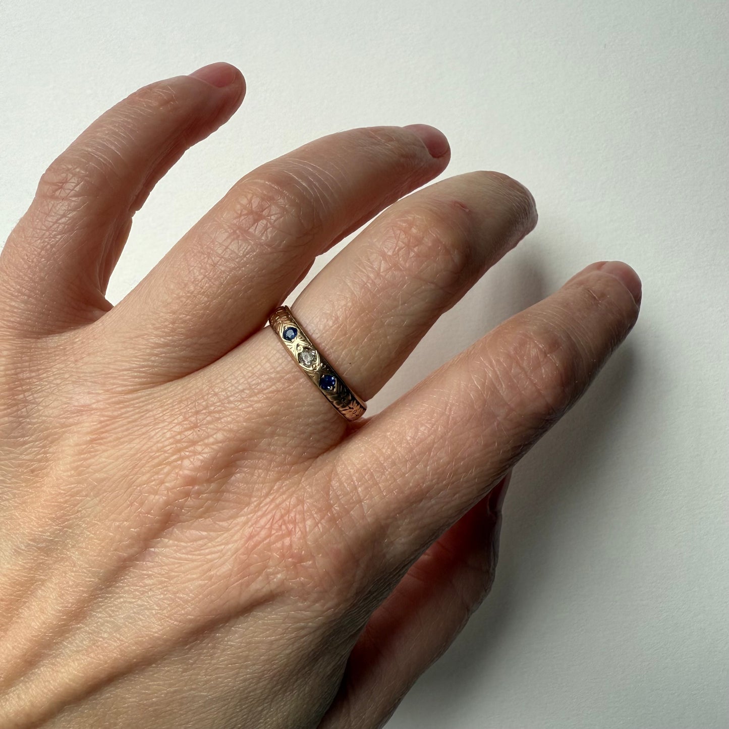 Dated 1897 to Mother Antique Victorian 14K Rose Gold Sapphire Diamond Size 8.25