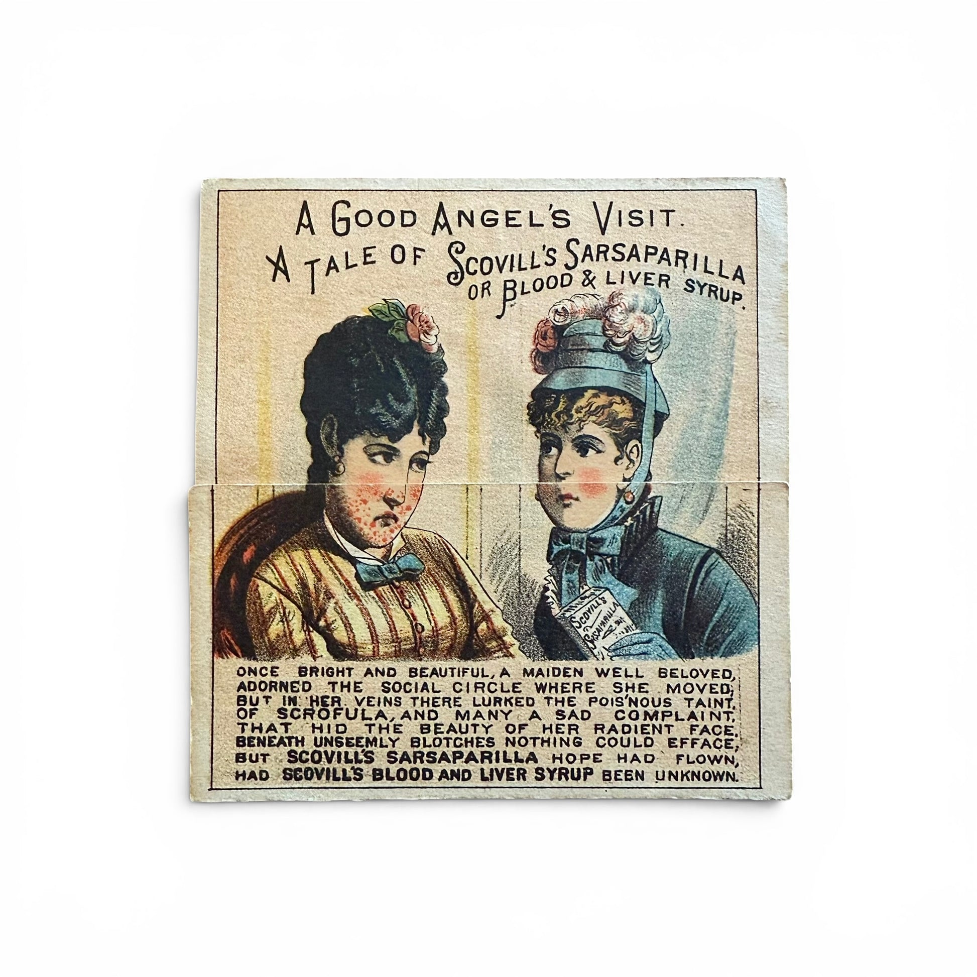 A Good Angel's Visit Sarsaparilla - Foldout Trade Card Vintage advertisement with two women and text on a white background