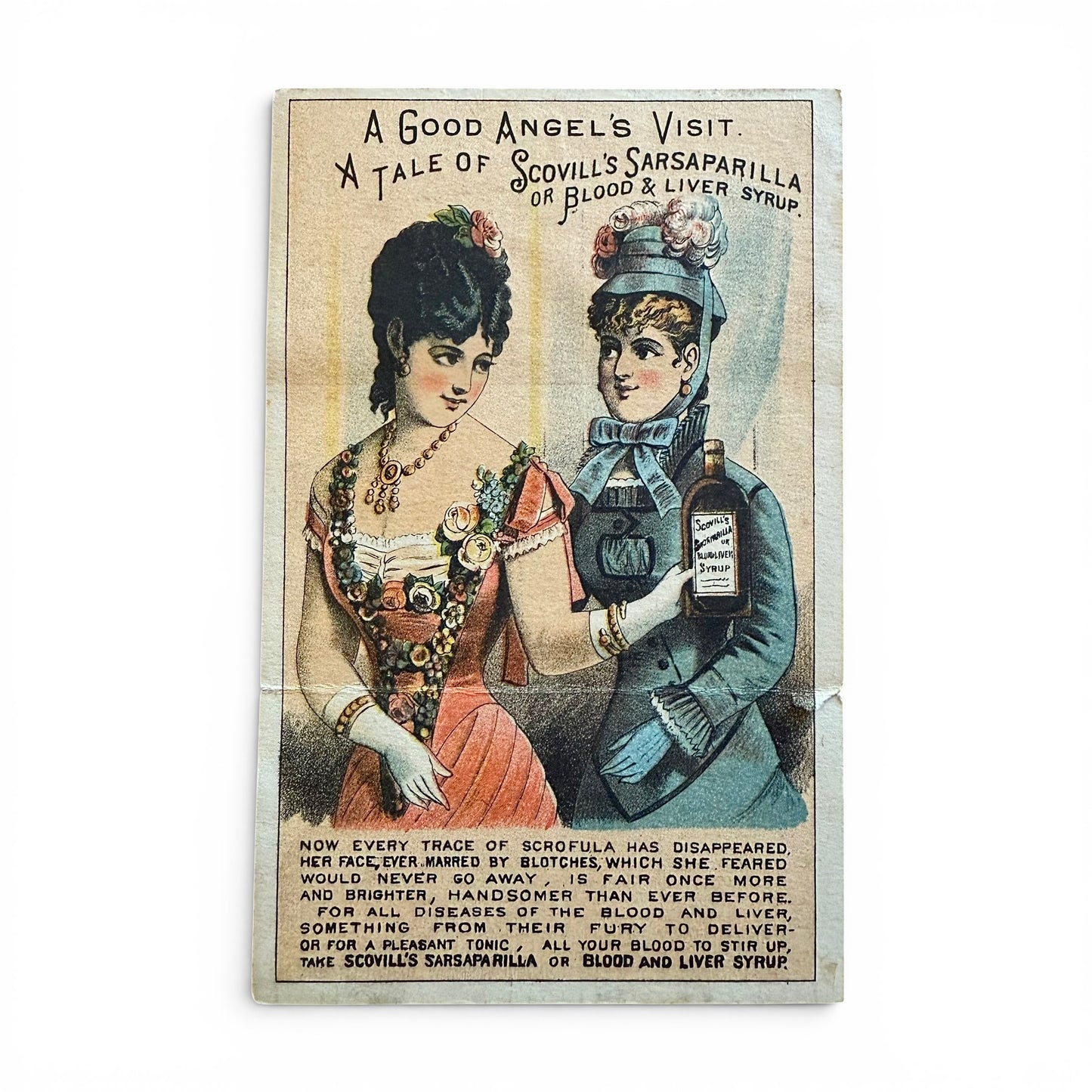 A Good Angel's Visit Sarsaparilla - Foldout Trade Card Vintage advertisement for Scovill's Sarsaparilla featuring two women holding a bottle.