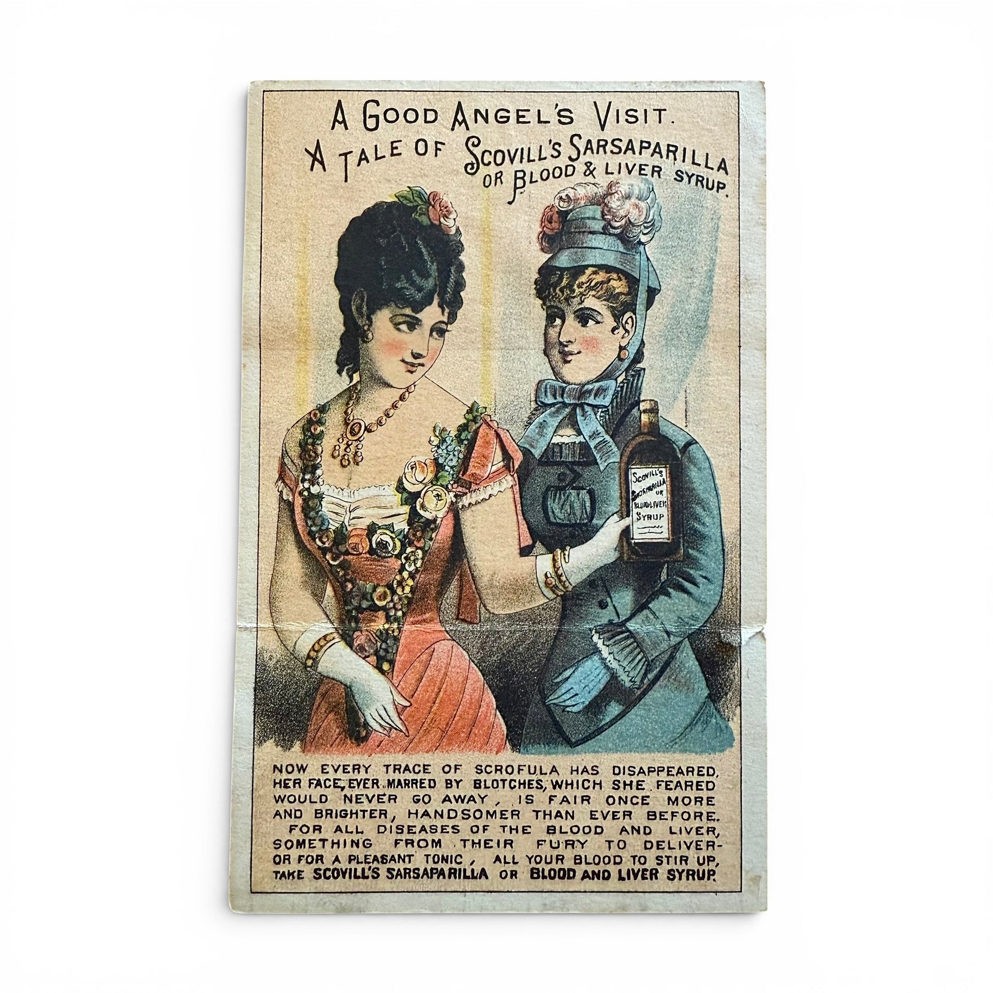 A Good Angel's Visit Sarsaparilla - Foldout Trade Card Vintage advertisement for Scovill's Sarsaparilla featuring two women holding a bottle.