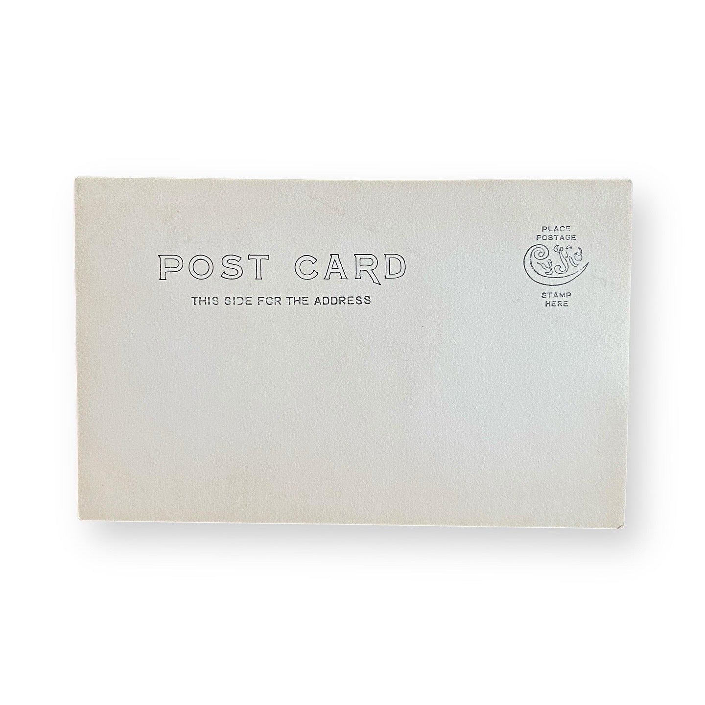 White postcard with text and a logo on a white background