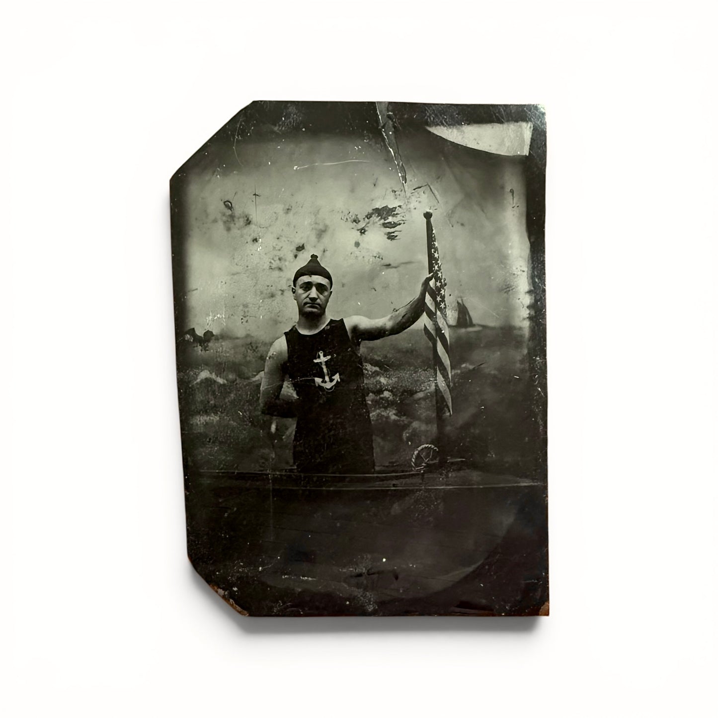 Ahoy, Matey - Tintype Vintage photograph of a person holding an American flag on a white background