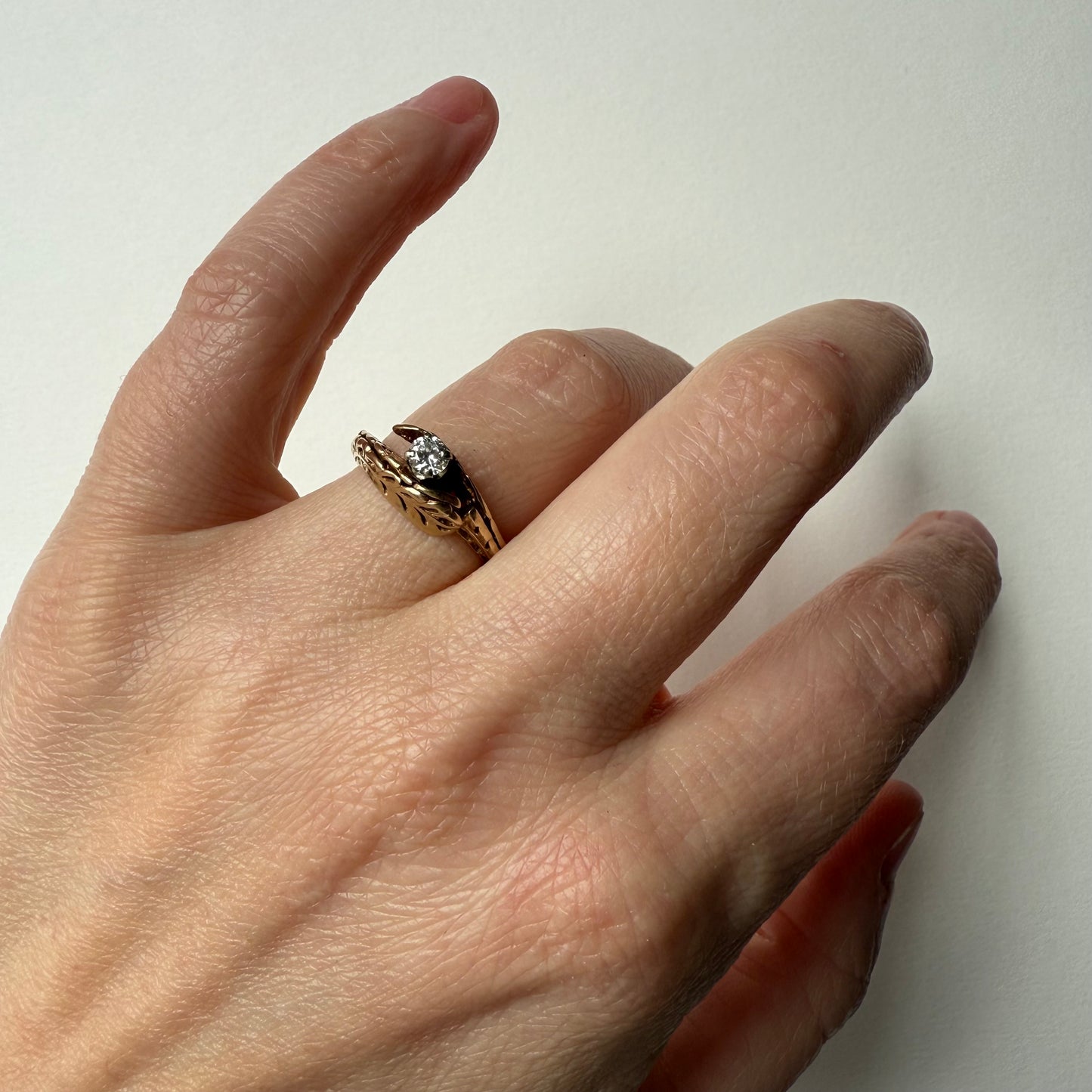 Antique European Cut .25ct Diamond Bypass 14k Ring on hand