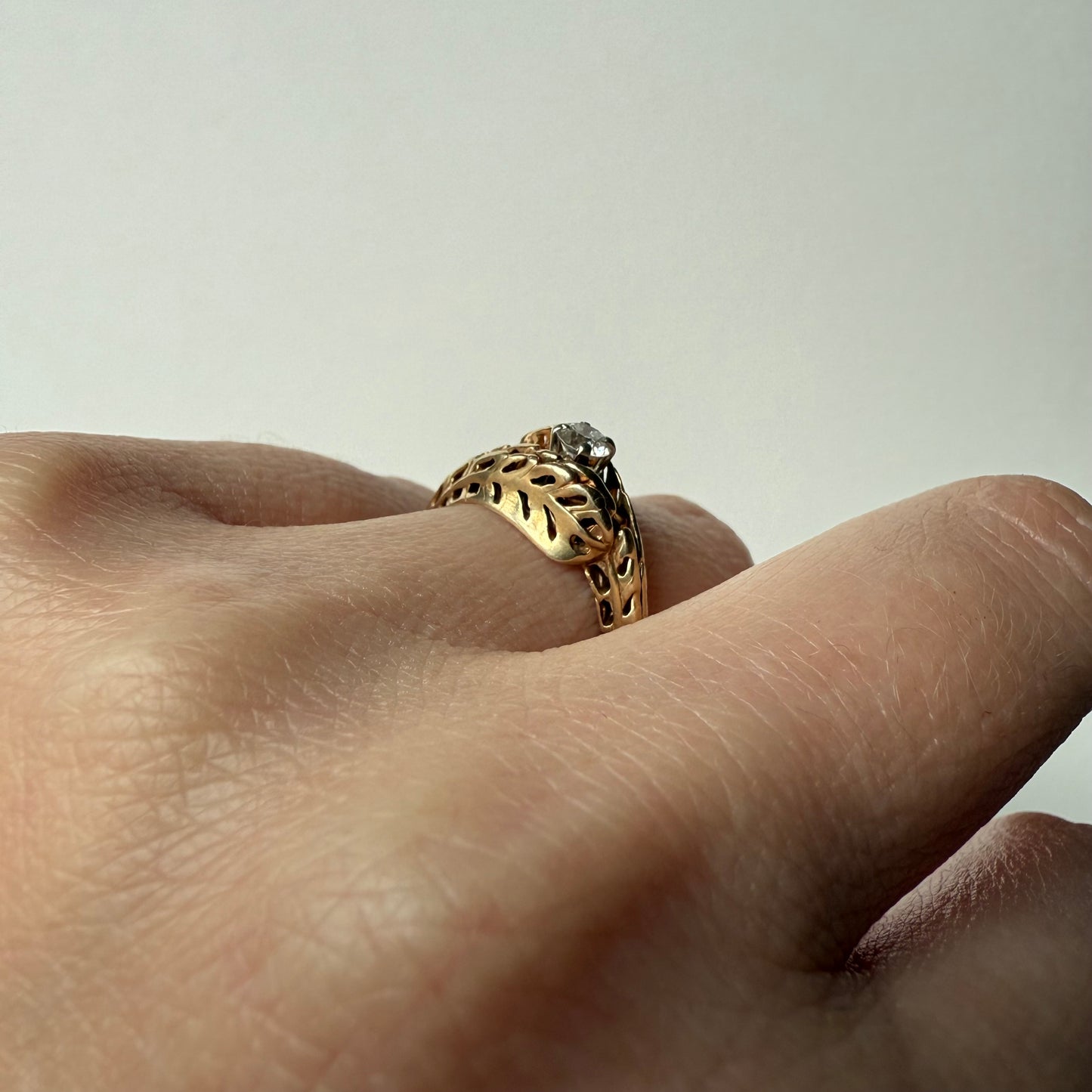 Antique European Cut .25ct Diamond Bypass 14k Ring on hand side view