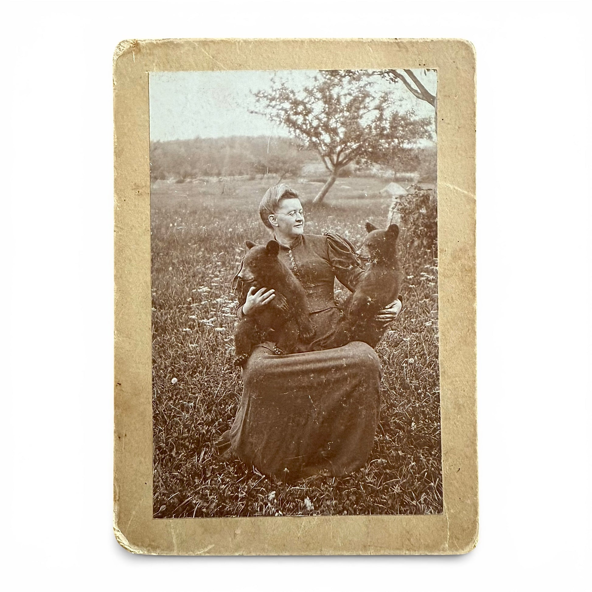 Aunt Betsey And Her Bear Cubs - Cabinet Card Vintage sepia-toned photograph of a woman sitting outdoors with two bear cubs.
