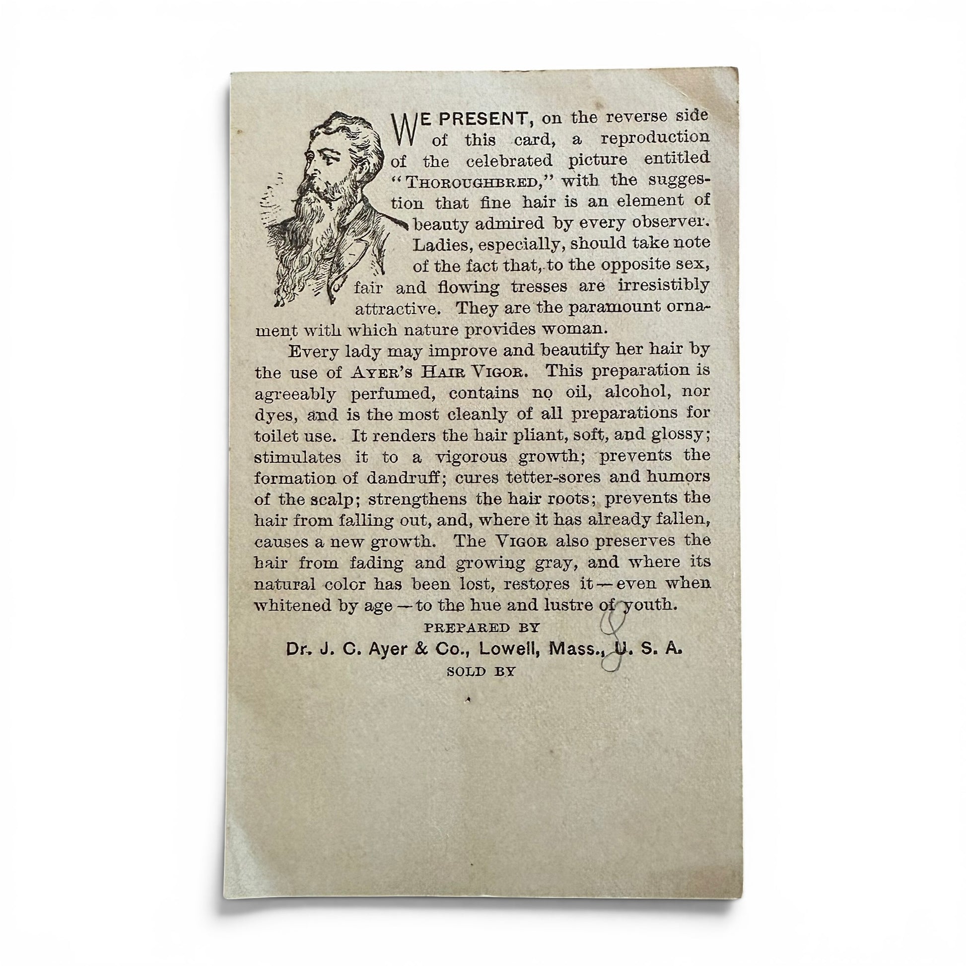Ayer's Hair Vigor - Victorian Trade Card description of product on the backside of card